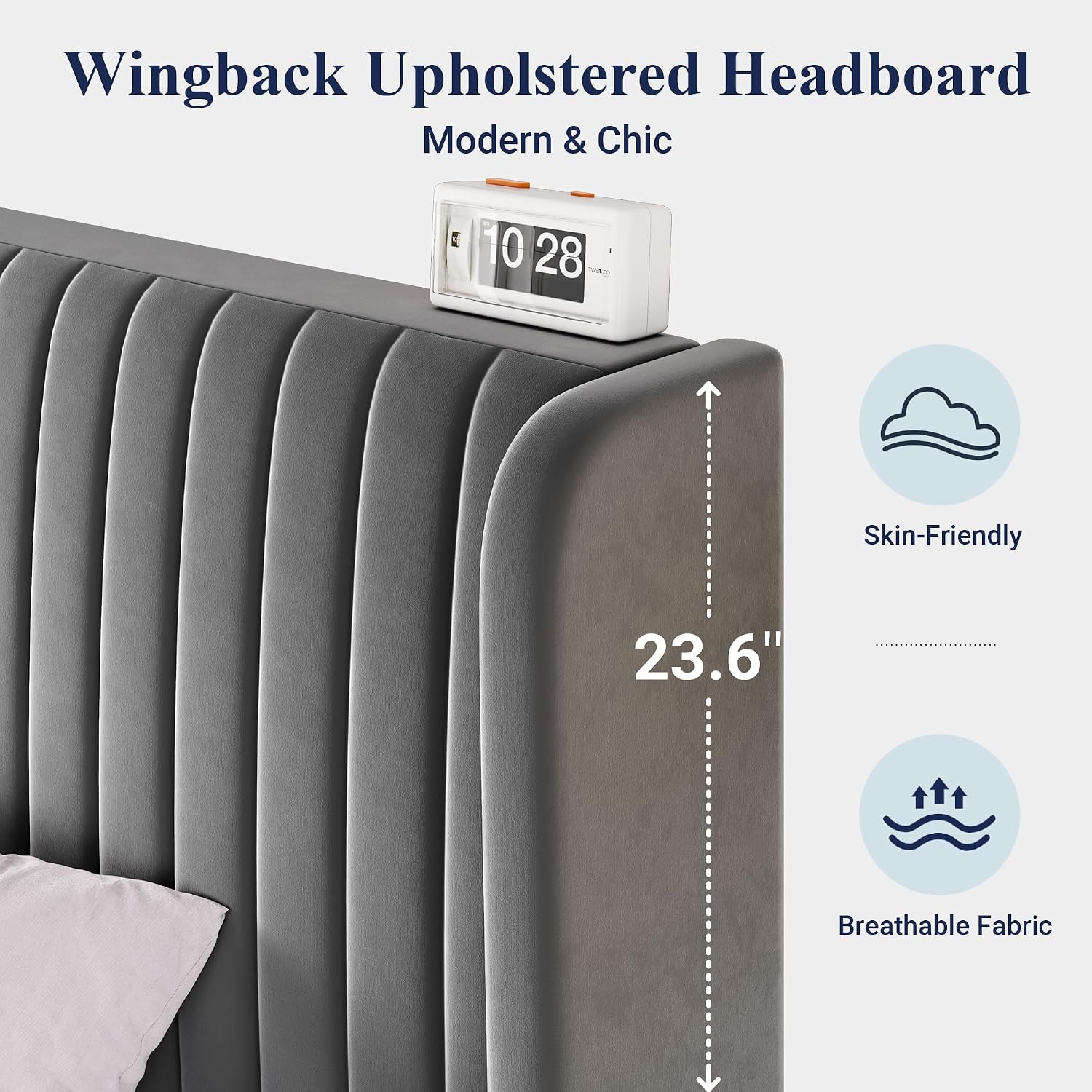Allewie Full Size Velvet Bed Frame/Vertical Channel Tufted Wingback Headboard/Upholstered Platform Bed/Strong Wooden Slats/No Box Spring Needed/Easy Assembly/Grey