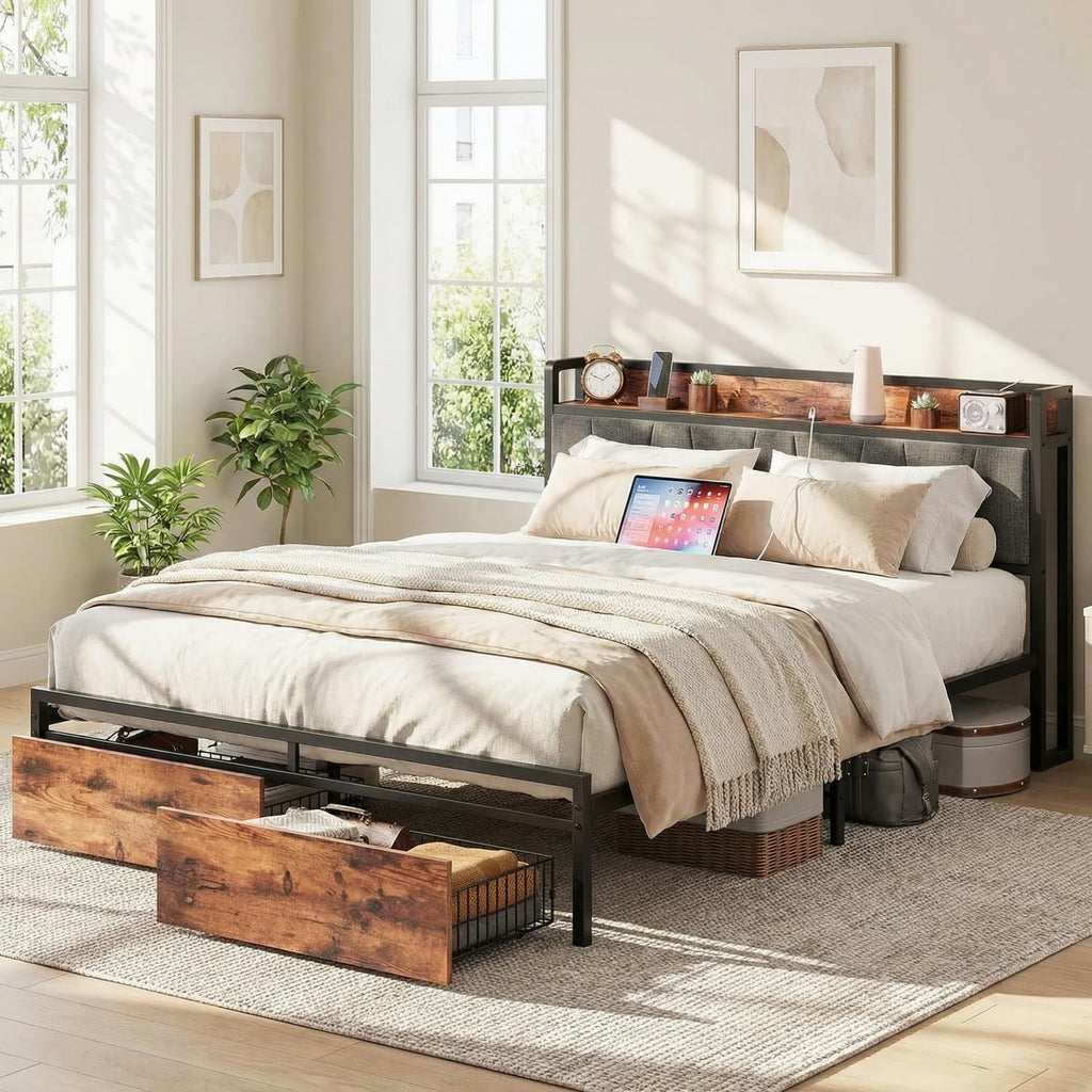 LIKIMIO Queen Bed Frame, Storage Headboard with Charging Station, Platform Bed with Drawers, No Box Spring Needed, Easy Assembly, Vintage Brown and Gray