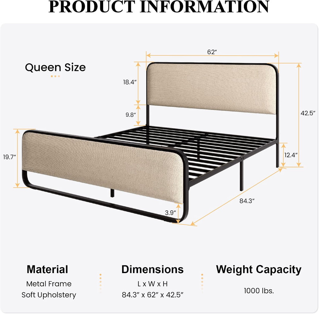 SHA CERLIN Queen Size Platform Metal Bed Frame with Curved Upholstered Headboard and Footboard, Large Under Bed Storage, No Box Spring Needed, Modern, Beige