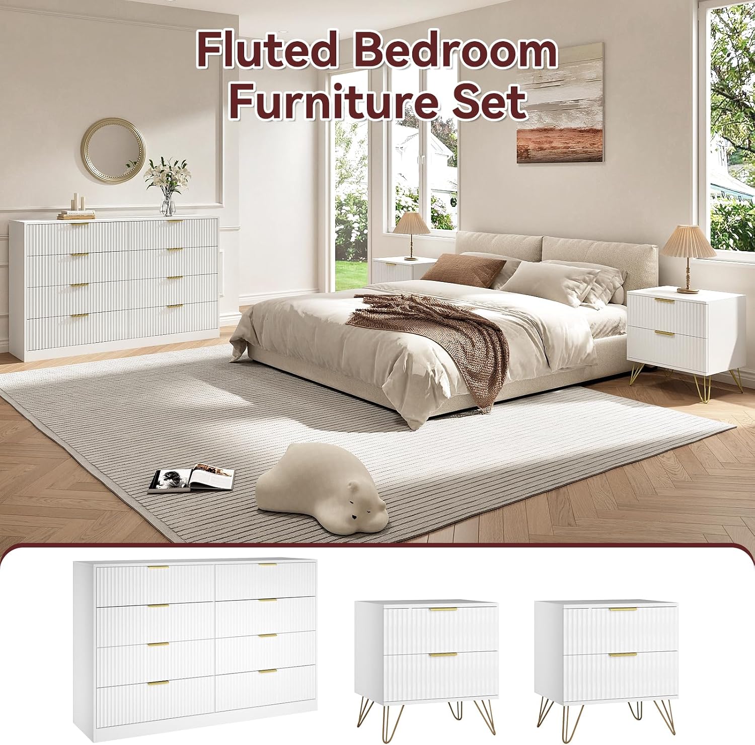 8 Drawer Dresser and Nightstand Sets for Bedroom, 3 Pcs Bedroom Set，Night Stand Set of 2 & 8 Drawer Dresser with Gold Handles, Modern Wood Chest of Drawers Storage Cabinet Set, White