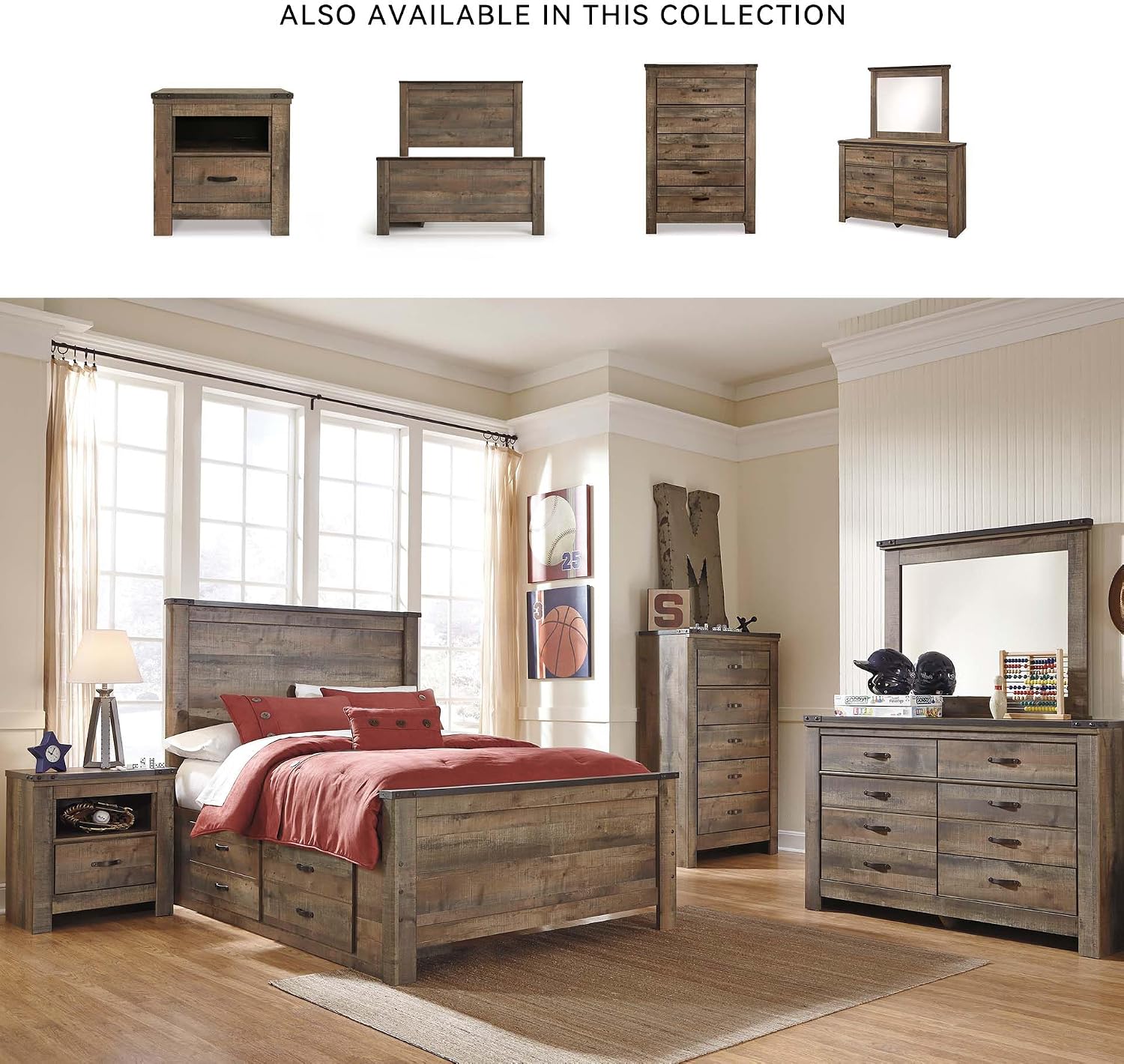 Signature Design by Ashley Trinell Casual Full Panel Platform Bed with 2 Storage Drawers and Nailheads, Foundation or Box Spring Not Needed, Dark Brown