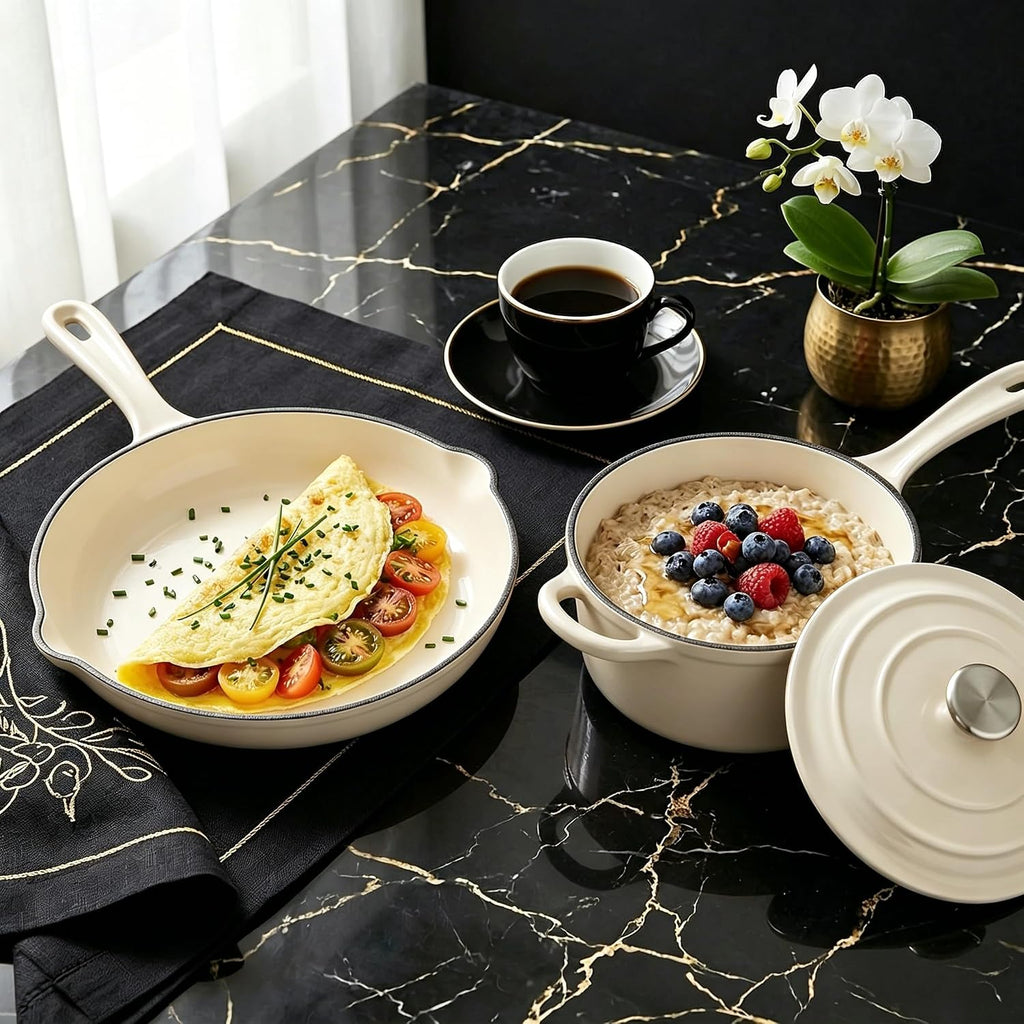 QuliMetal Enameled Cast Iron Cookware Set, 4-Piece Pots and Pans Set with Lids, 10.25' Skillet, 2QT Saucepan, 2.8QT & 4.8QT Dutch Ovens, Oven Safe to 500°F, All Stovetops Compatible - Cream White
