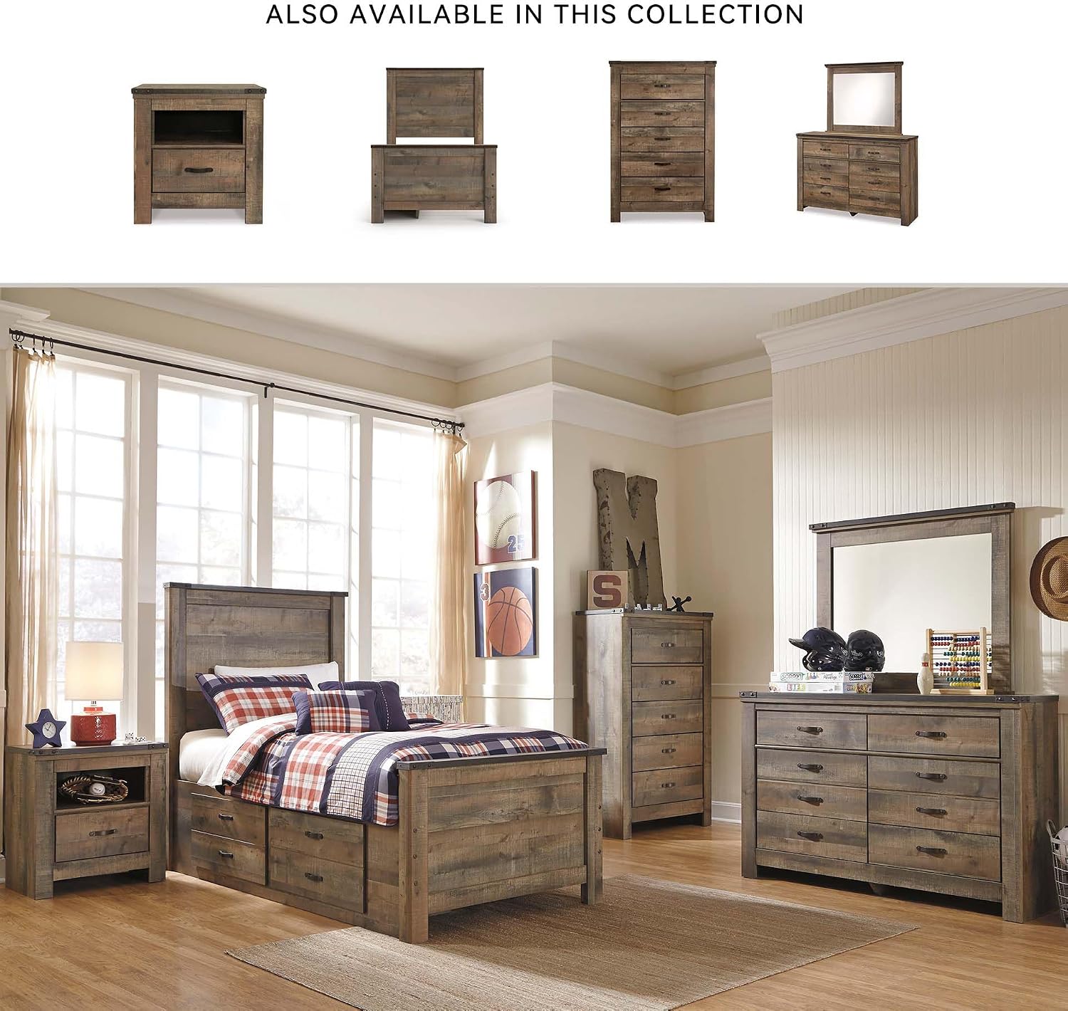 Signature Design by Ashley Trinell Casual Twin Panel Platform Bed with 2 Storage Drawers and Nailheads, Foundation or Box Spring Not Needed, Dark Brown