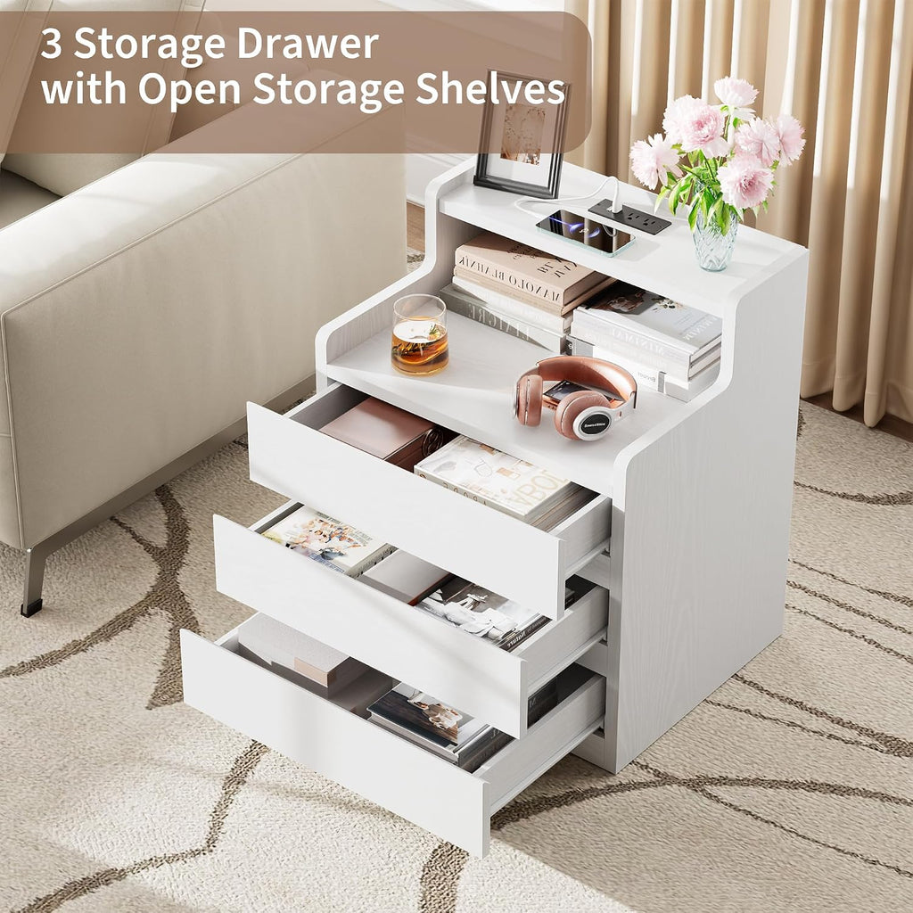Rresyet Night Stand Set of 2, White Nightstand with Drawers 26.8' Modern End Table with Charging Station for Bedroom, Storage Upgrade & No-Handle Design