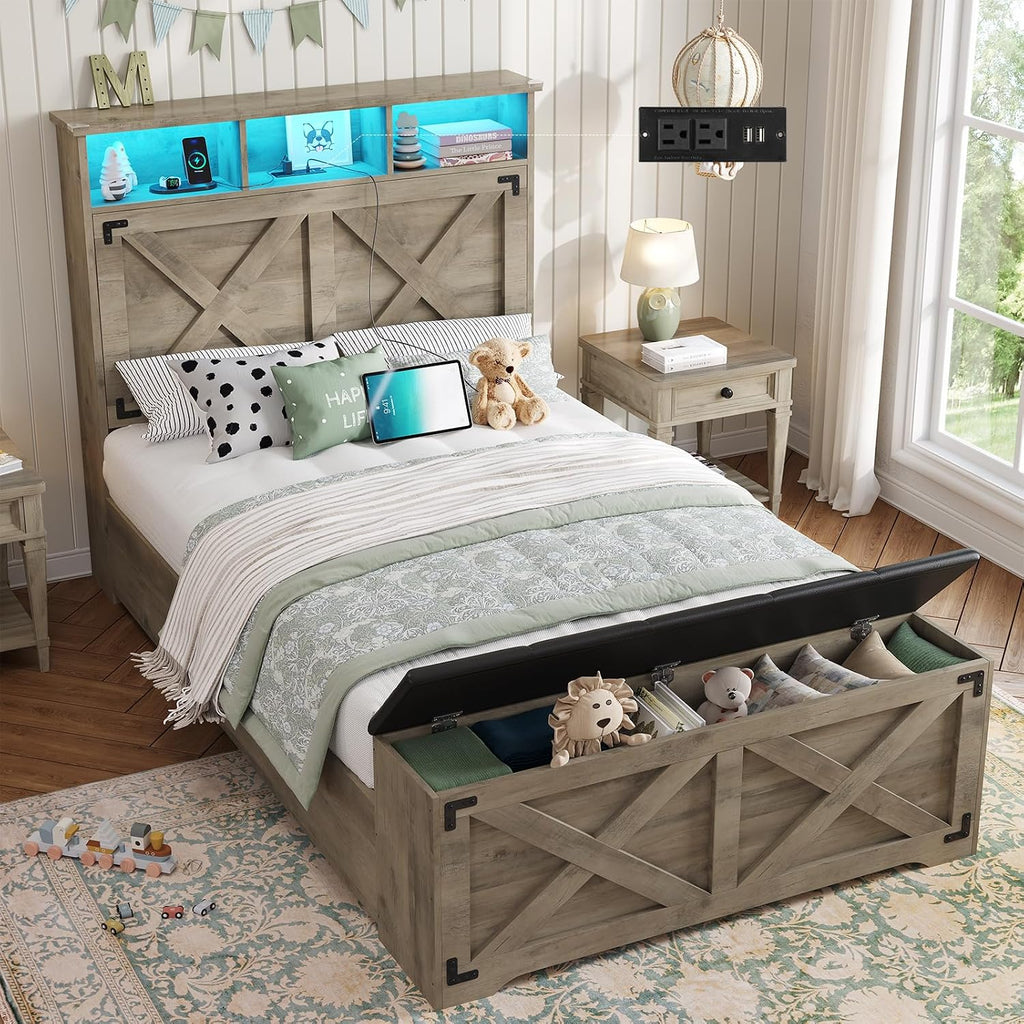 DICTAC Farmhouse Twin Bed Frame with Storage Headboard and Charging Station Wood Platform Bed Frame Twin Size with Storage Ottoman and Led Lights,Twin Size Bed for Kids,Metal Slats Support,Oak Gray