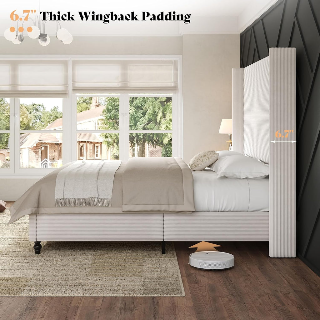 AMERLIFE King Size Bed Frame with 65' Tall Headboard, Upholstered Corduroy Bed Frame with Wingback, Platform Bed with Solid Wood Gourd Legs, Solid Slats, No Box Spring Needed, White