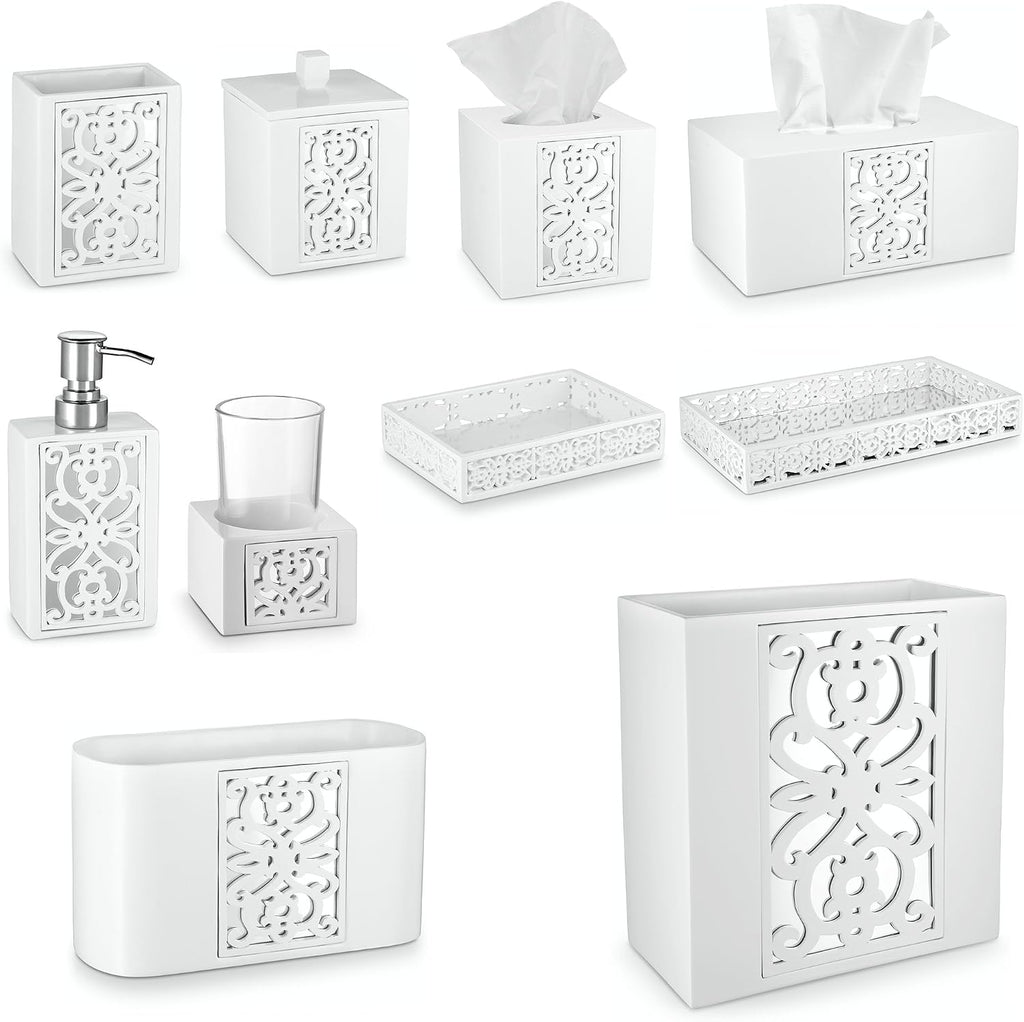 Creative Scents Mirror Janette White Bathroom Accessories Set Complete - 6 Piece Bathroom Set Includes: Soap Dispenser, Toothbrush Holder, Tumbler Cup, Soap Dish, Tissue Cover, and Wastebasket