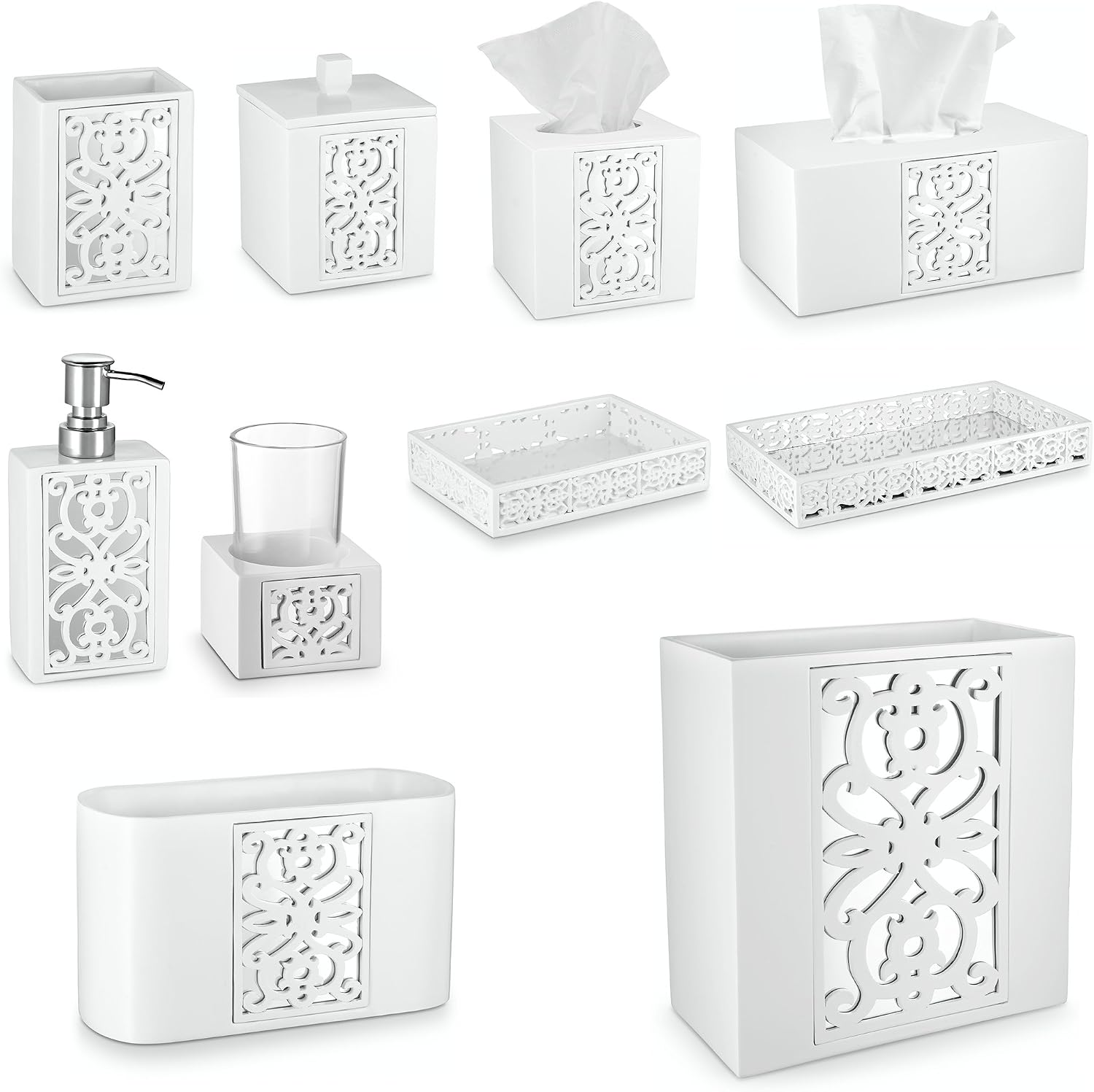 Creative Scents Mirror Janette White Bathroom Accessories Set Complete - 6 Piece Bathroom Set Includes: Soap Dispenser, Toothbrush Holder, Tumbler Cup, Soap Dish, Tissue Cover, and Wastebasket