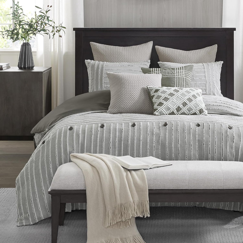 Madison Park King Comforter Set, Removable 100% Cotton Duvet Cover King Size with Insert, Farmhouse Bedding, Textured Stripe Clipped Jacquard Accent, King, Grey 9 Piece