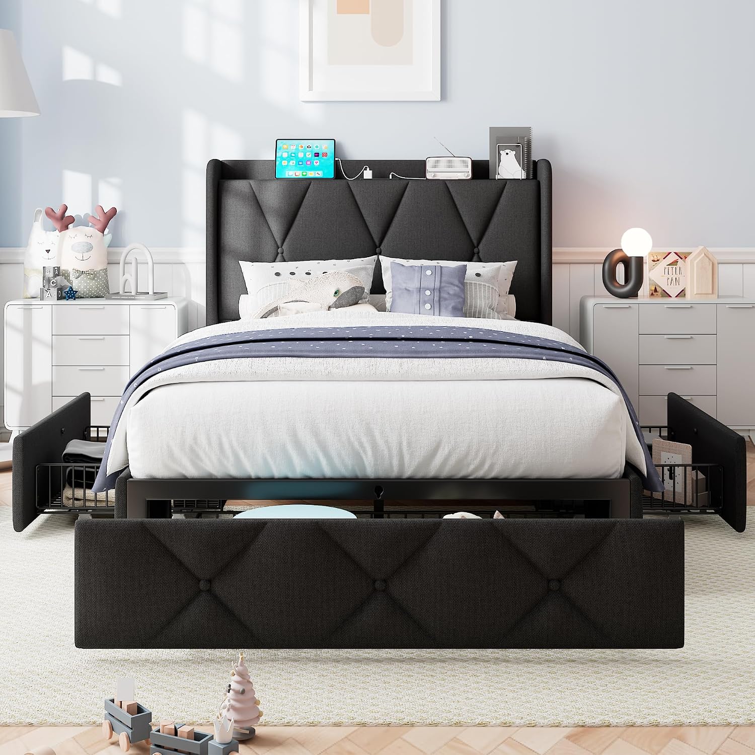 iPormis Twin Bed Frame with 3 Storage Drawers, Upholstered Platform Bed Frame with Charging Station, Modern Wingback Storage Headboard, Easy Assembly, Black