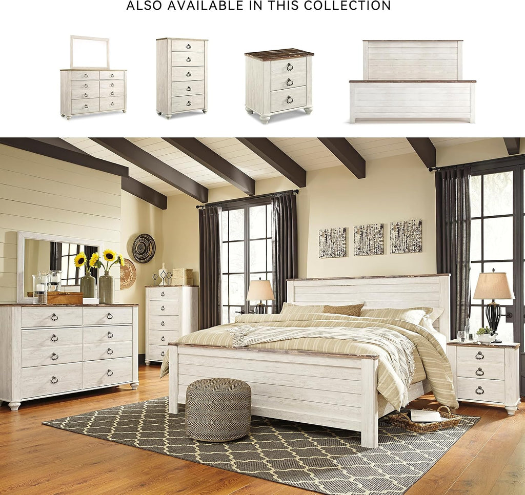 Signature Design by Ashley Willowton Shabby Chic Queen Panel Bed with Metal Slats, Foundation or Box Spring Needed, Whitewash