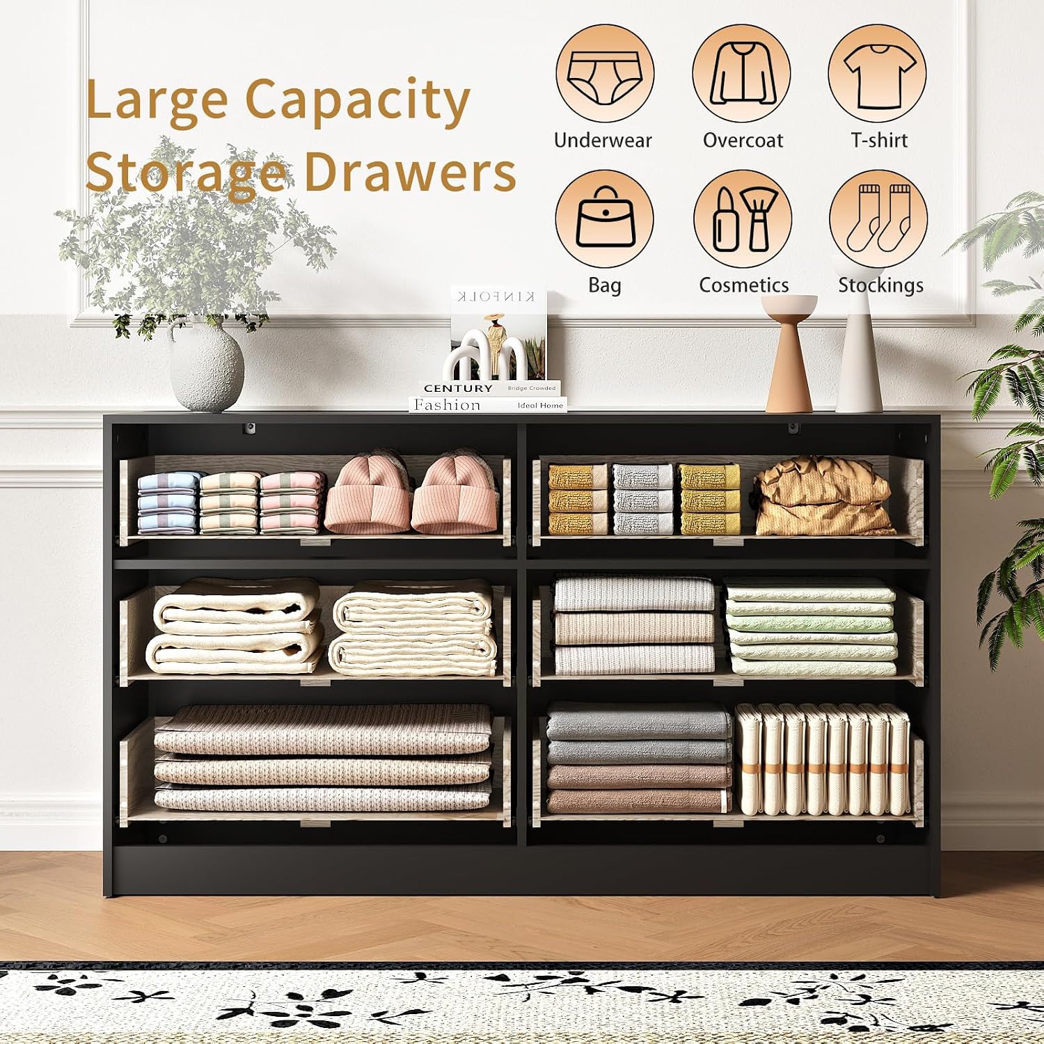 6 Drawer Dresser and Nightstand Sets for Bedroom, 3 Pcs Bedroom Set, Night Stand Set of 2 & 6 Drawer Dresser with Gold Handles, Modern Wood Chest of Drawers Storage Cabinet Set, Black