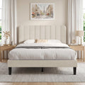 VECELO Full Size Bed Frame with Upholstered Headboard, Velvet Platform Bedframe Mattress Foundation, Strong Wood Slat Support, No Box Spring Needed,Bone Beige