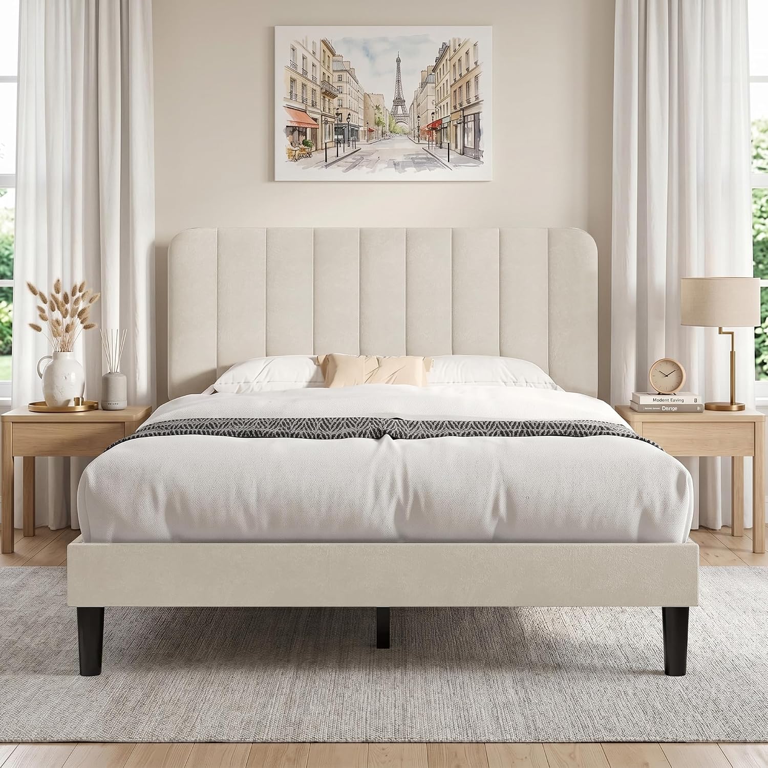VECELO Full Size Bed Frame with Upholstered Headboard, Velvet Platform Bedframe Mattress Foundation, Strong Wood Slat Support, No Box Spring Needed,Bone Beige