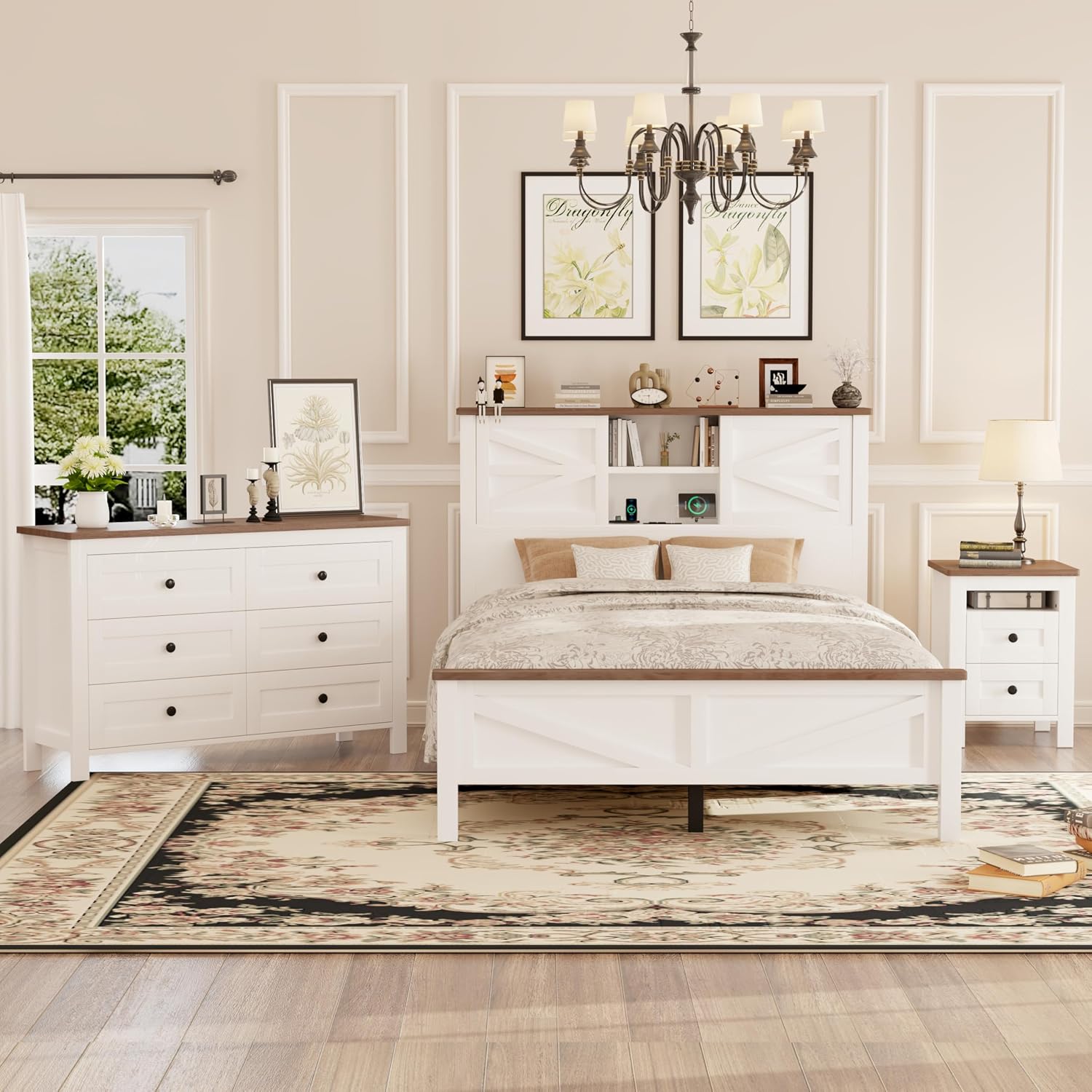 LUMISOL 3-Piece Full Size Bedroom Set, Rustic Wooden Platform Bed with Storage Headboard & Charging Stations, a Nightstand and Dresser, Full Size Farmhouse Bedroom Furniture Set, White