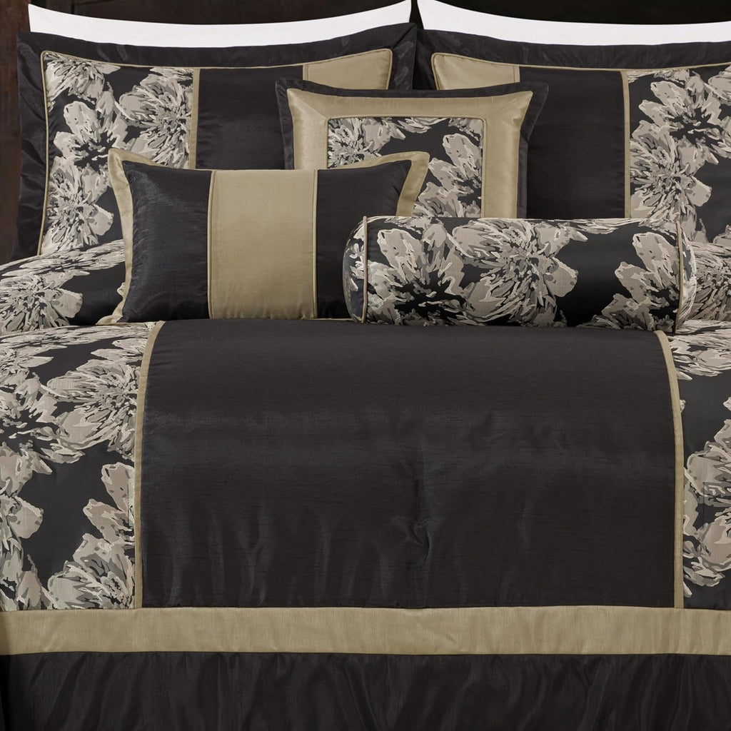 Chezmoi Collection Cameron Comforter Set King Size, 7-Piece Black Gold Hibiscus Floral Jacquard Bedding Set