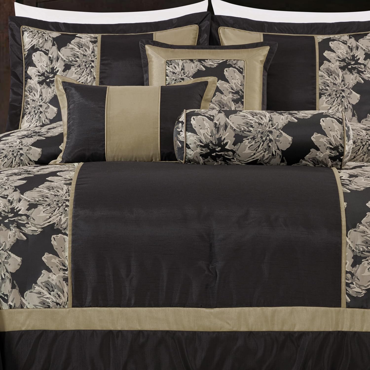 Chezmoi Collection Cameron Comforter Set King Size, 7-Piece Black Gold Hibiscus Floral Jacquard Bedding Set
