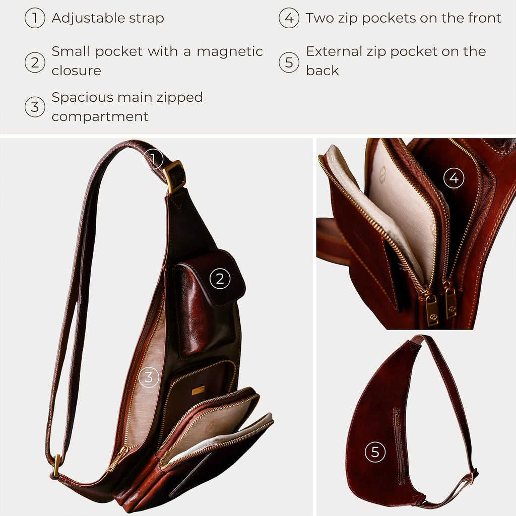 Time Resistance Leather Sling Bag - Crossbody Bag - Messenger Bag for Men and Women - Handmade Shoulder Bag Backpack