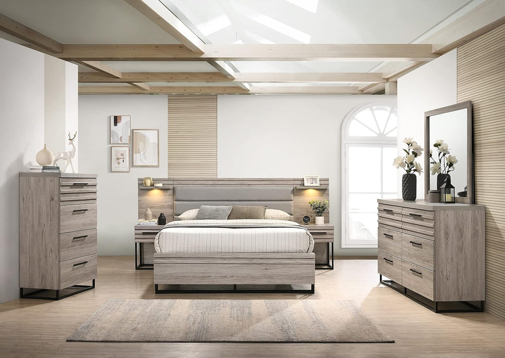 Roundhill Furniture Alvear Upholstered Wood Wallbed Bed with White LED Lights, Dresser, Mirror, Chest, and 2 Nightstands, Queen, Weathered Gray