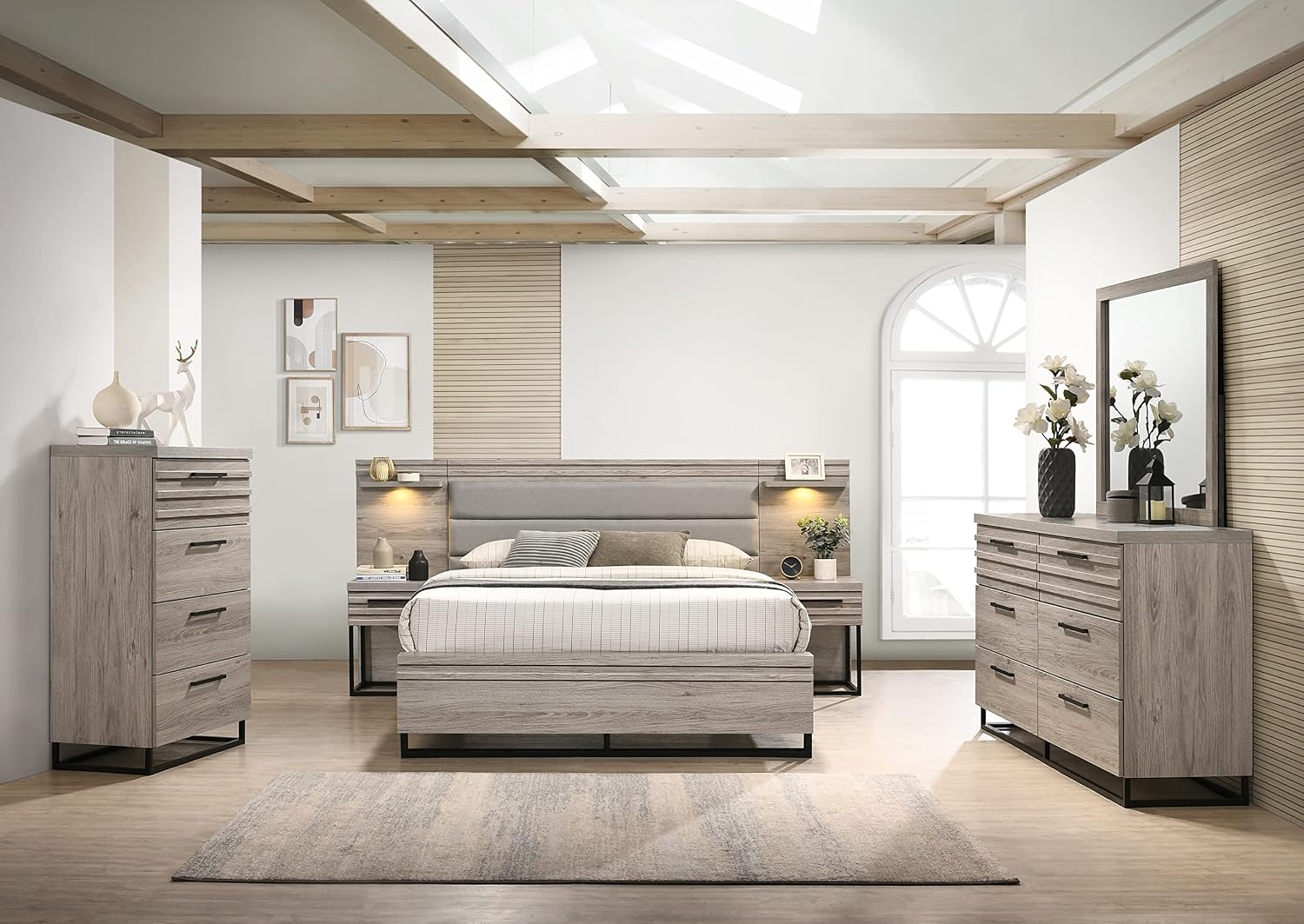 Roundhill Furniture Alvear Upholstered Wood Wallbed Bed with White LED Lights, Dresser, Mirror, Chest, and 2 Nightstands, Queen, Weathered Gray