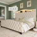 Belffin King Size Bed Frame and Headboard, 50.9' Velvet Upholstered Wingback Bedframe with LED Lights & Storage/Charging Station, Button Tufted Tall Footboard, No Box Spring Needed, Noise-Free, Beige