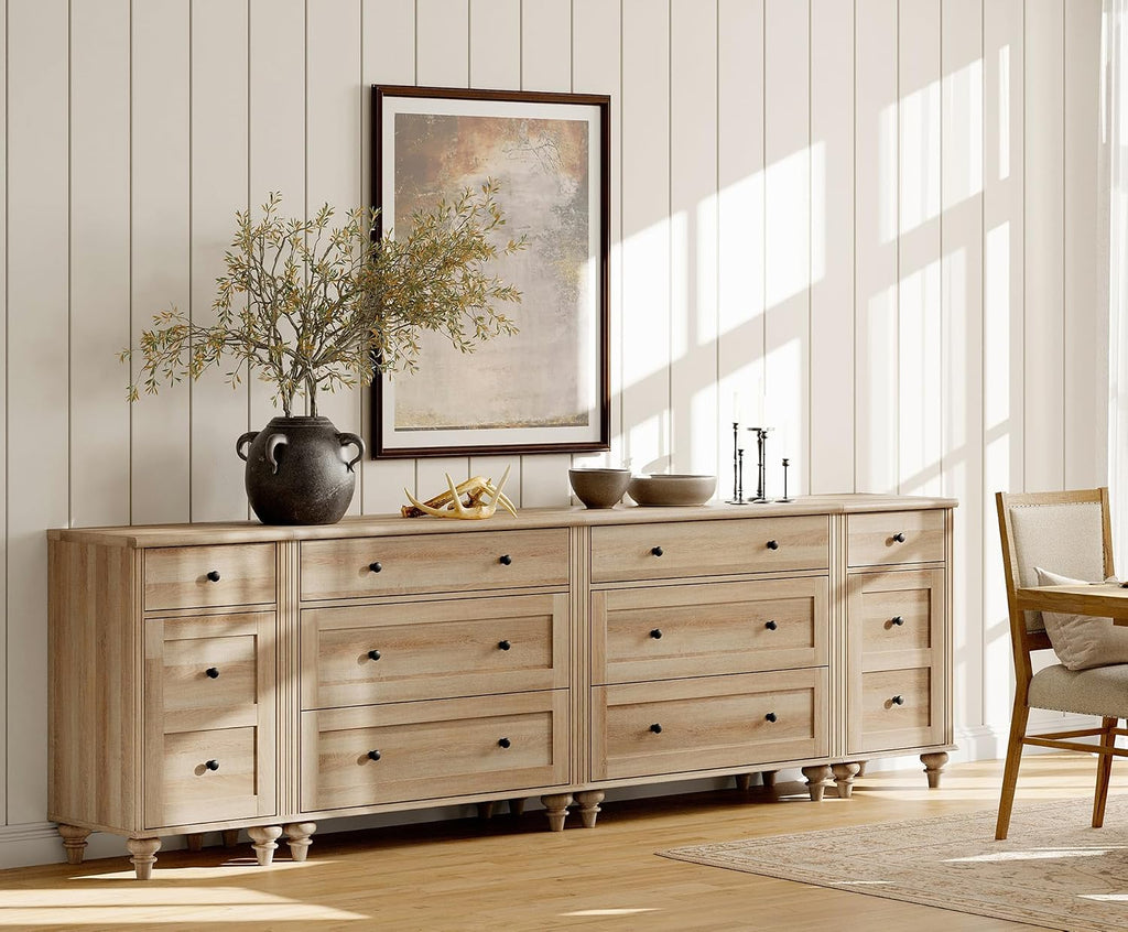 WAMPAT Dresser for Bedroom with 8 Drawers and 2 Storages, Nightstands with Charging Station for Living Room, Oak Kids Dressers with Wide 3 Chest of Drawers, for Nursery, Hallway