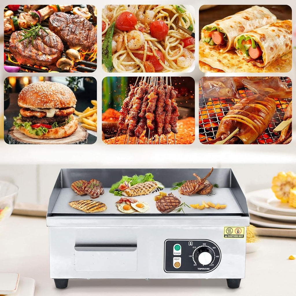 22' 1500W Electric Griddle – Stainless Steel Half-Flat Top Countertop Grill, 122°F-572°F Adjustable Temp, 2 Shovels & 2 Brushes with Plug for Home & Restaurant