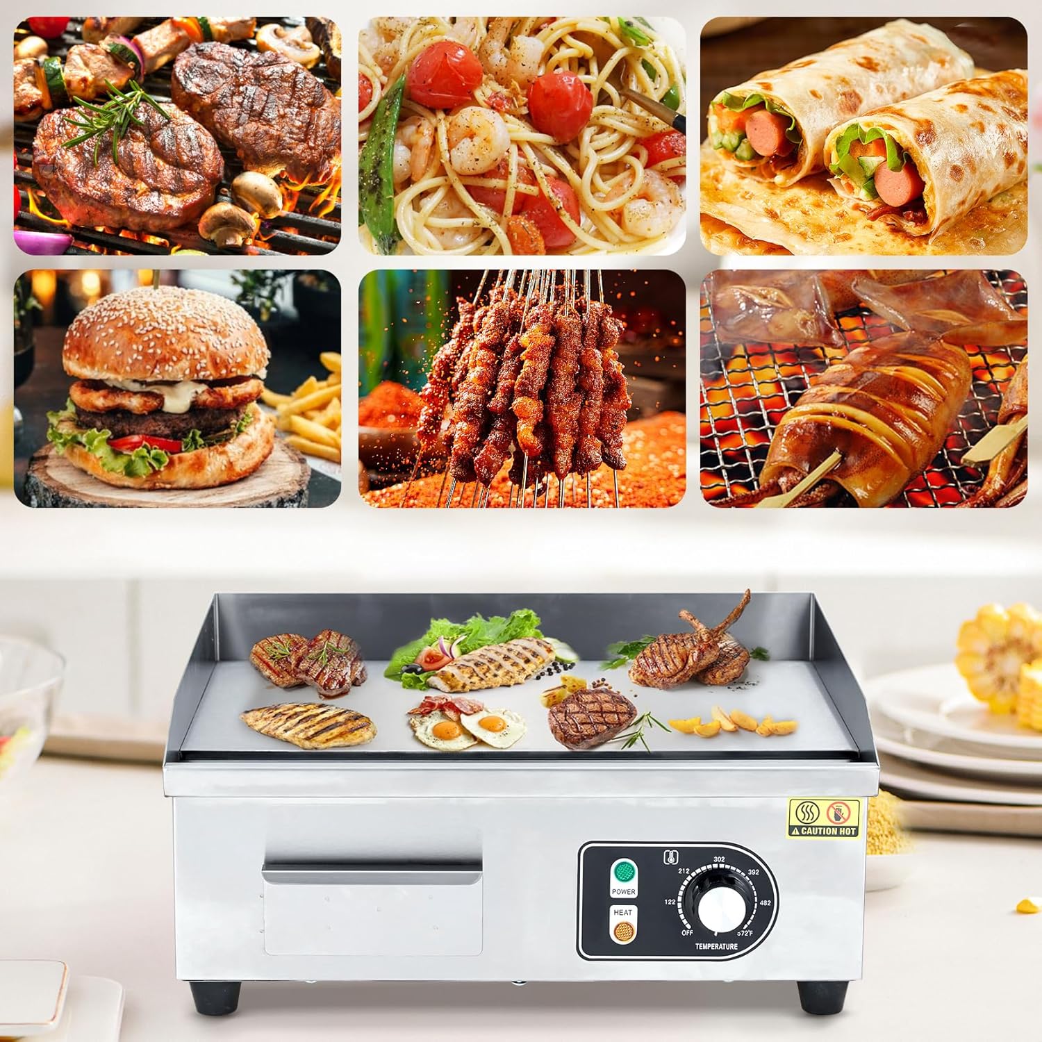 22' 1500W Electric Griddle – Stainless Steel Half-Flat Top Countertop Grill, 122°F-572°F Adjustable Temp, 2 Shovels & 2 Brushes with Plug for Home & Restaurant