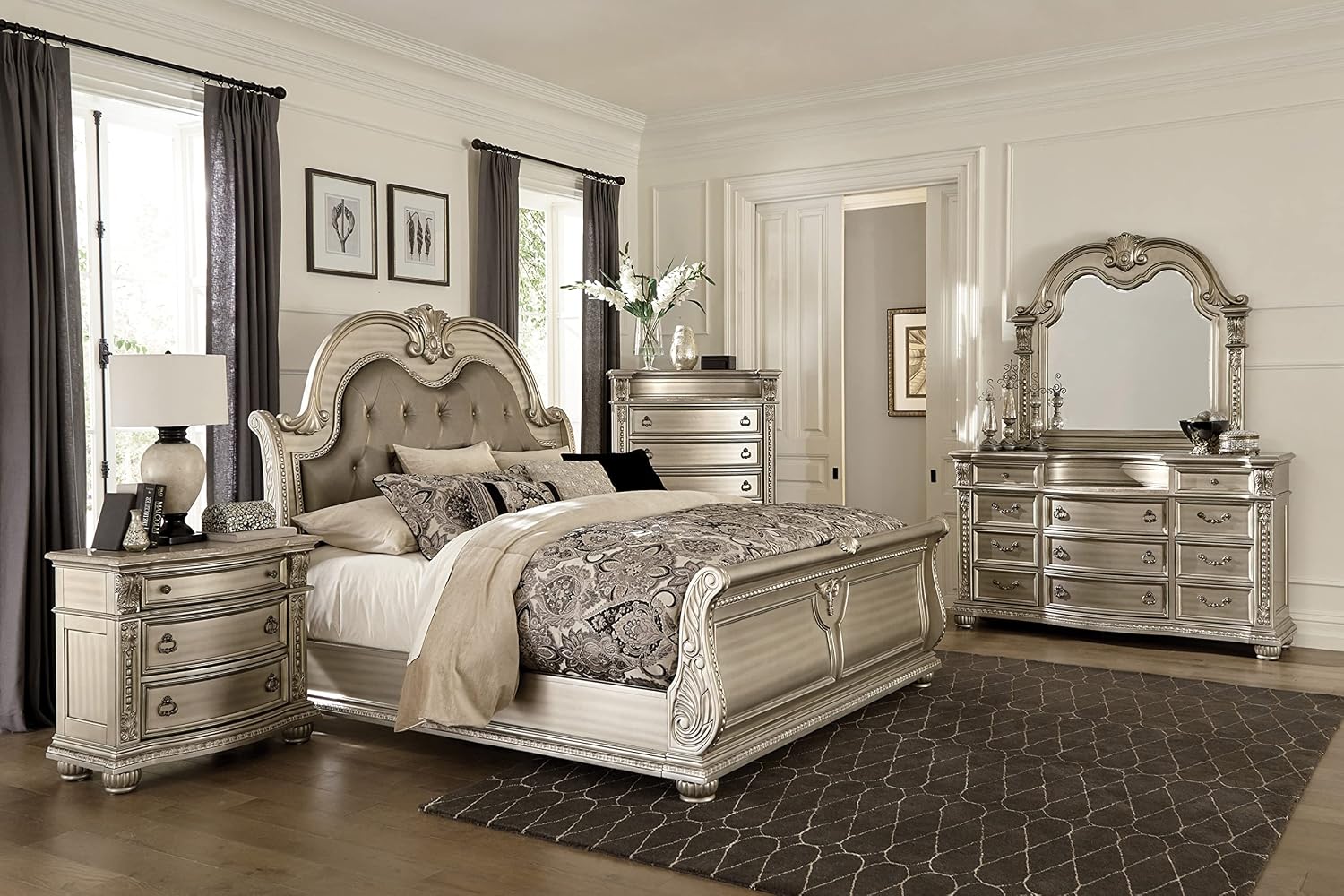 New Formal Traditional 6pc Set King Size Faux Leather Tufted Bed Silver Finish Classic Design Marble Top Bedroom Furniture