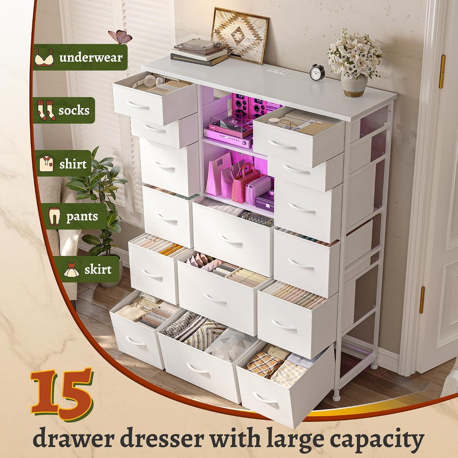 EnHomee 51' H White Dresser with 15 Drawers Dresser for Bedroom with Charging Station & LED Lights & Hutch Sturdy Bedroom Dressers, Steel Frame, Wood Top, 51.2' H x 39.3' W x 11.8' D