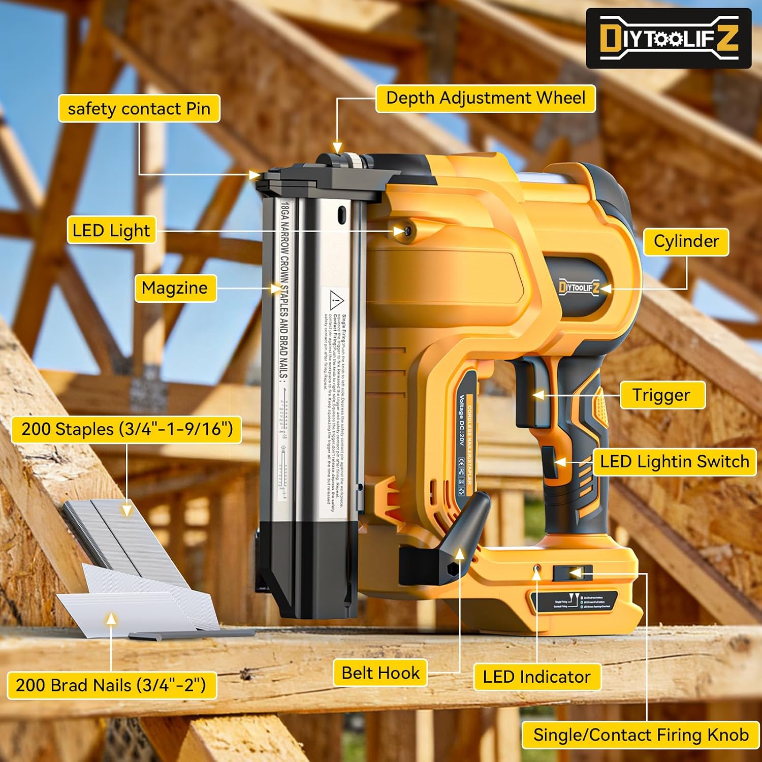 DIYtoolifz 18GA Cordless 2' Brad Nailer Compatible with DeWalt 20V (Tool Only), 2-in-1 Nail & Staple Gun, Tool-Free Jam, Adjustable Depth, 2 Modes with 400 Nails/Staples for Woodworking,Trim,Carpentry