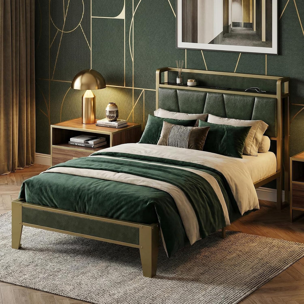 LIKIMIO Twin XL Bed Frame, Storage Headboard with Charging Station, Solid and Stable, Noise Free, No Box Spring Needed, Easy Assembly (Dark Green)