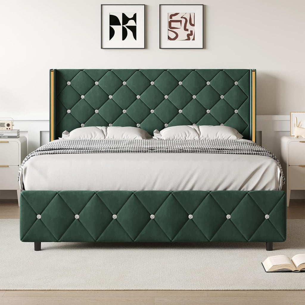 Lullabyre Queen Size Bed Frame, Upholstered Bed Frame with Diamond Tufted Headboard, Modern Silverside Wingback, No Box Spring Needed, Easy Assembly, Green