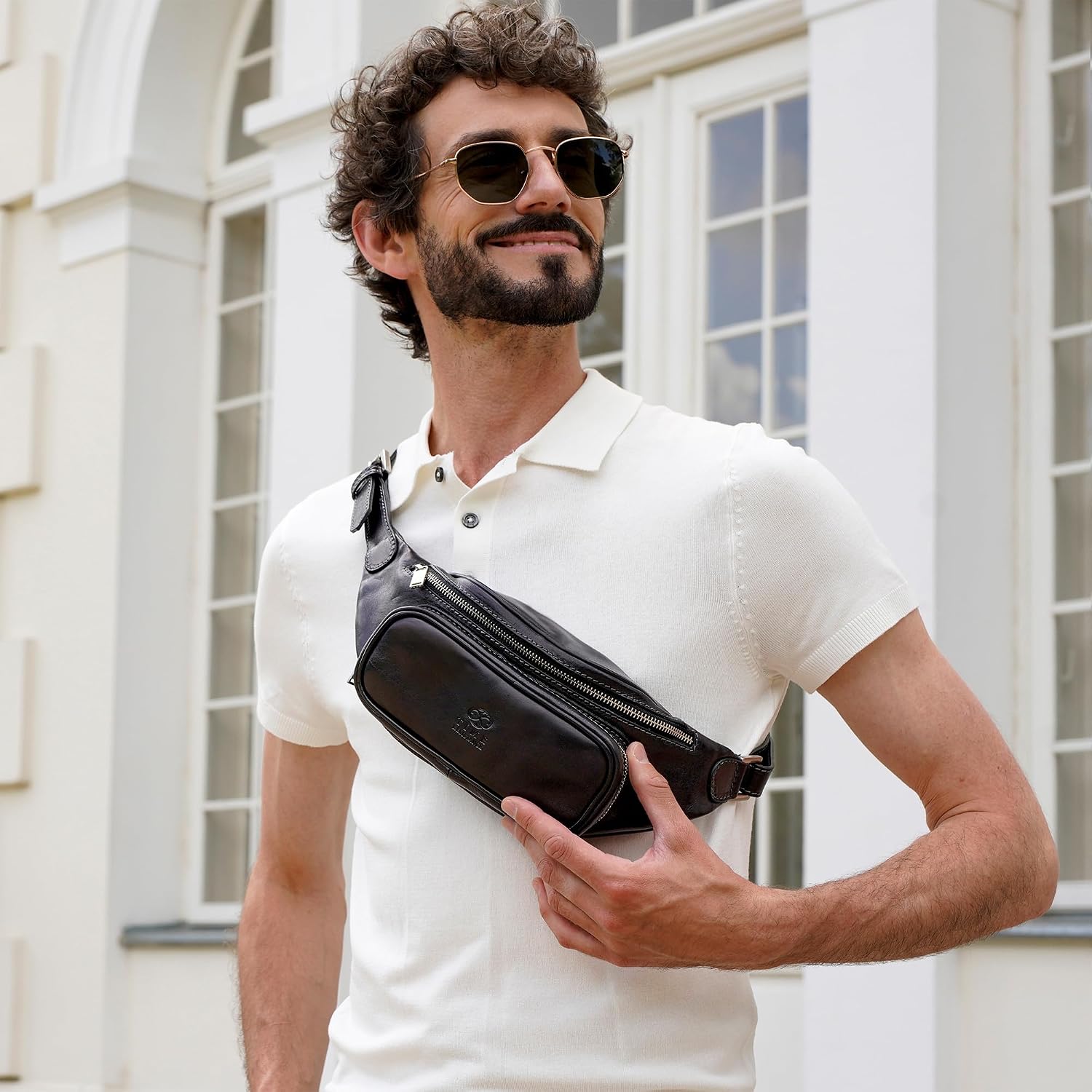 Time Resistance Leather Waist Pack - Belly Bag, Belt Bag, Fanny Pack - Handmade in Italy (Black)