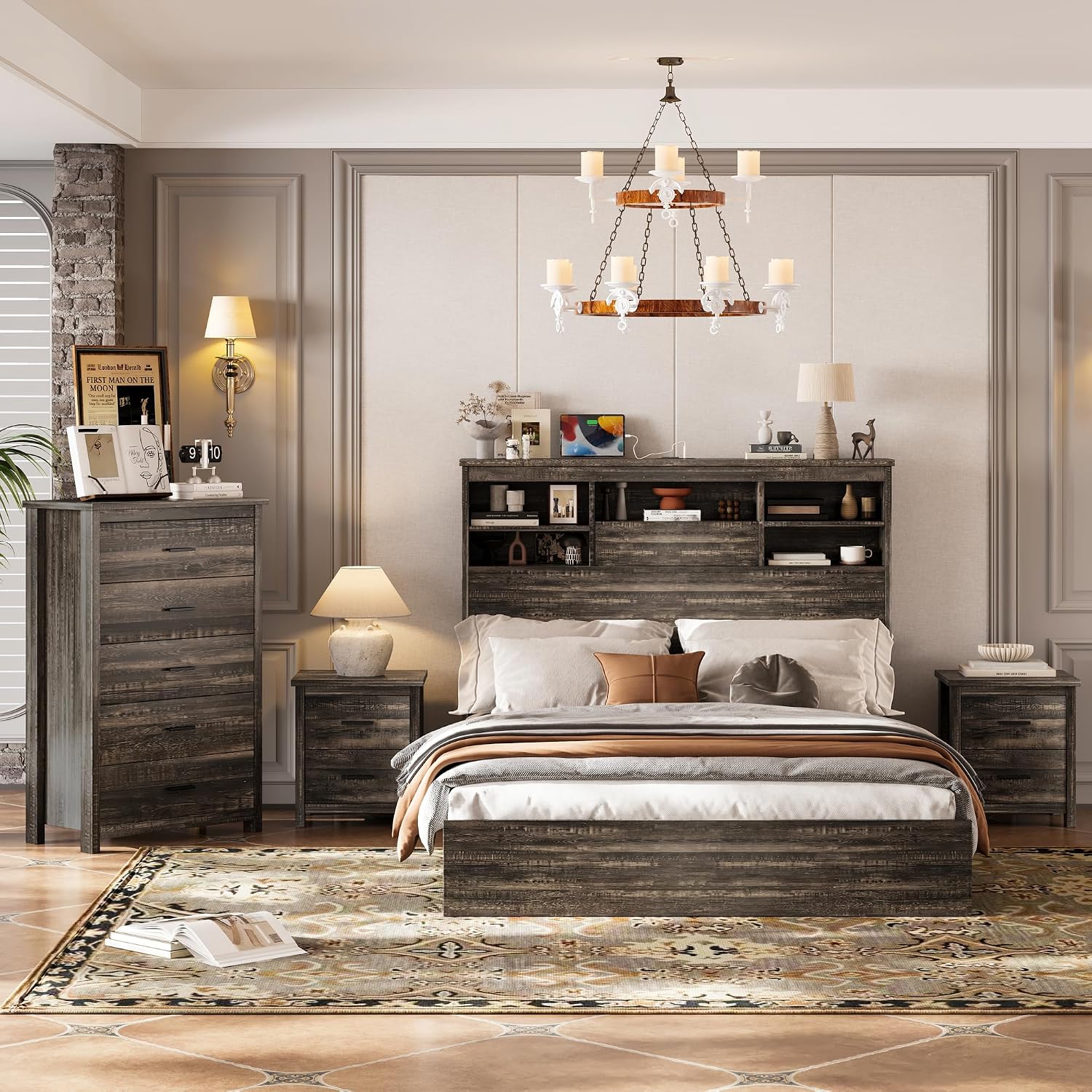 Farmhouse 4-Pieces Bedroom Sets, Queen Size Platform Bed with 2 Nightstands and 5-Drawer Storage, Wooden Bed Frame with Storage Headboard and Charging Station (Antique Gray-7.17)