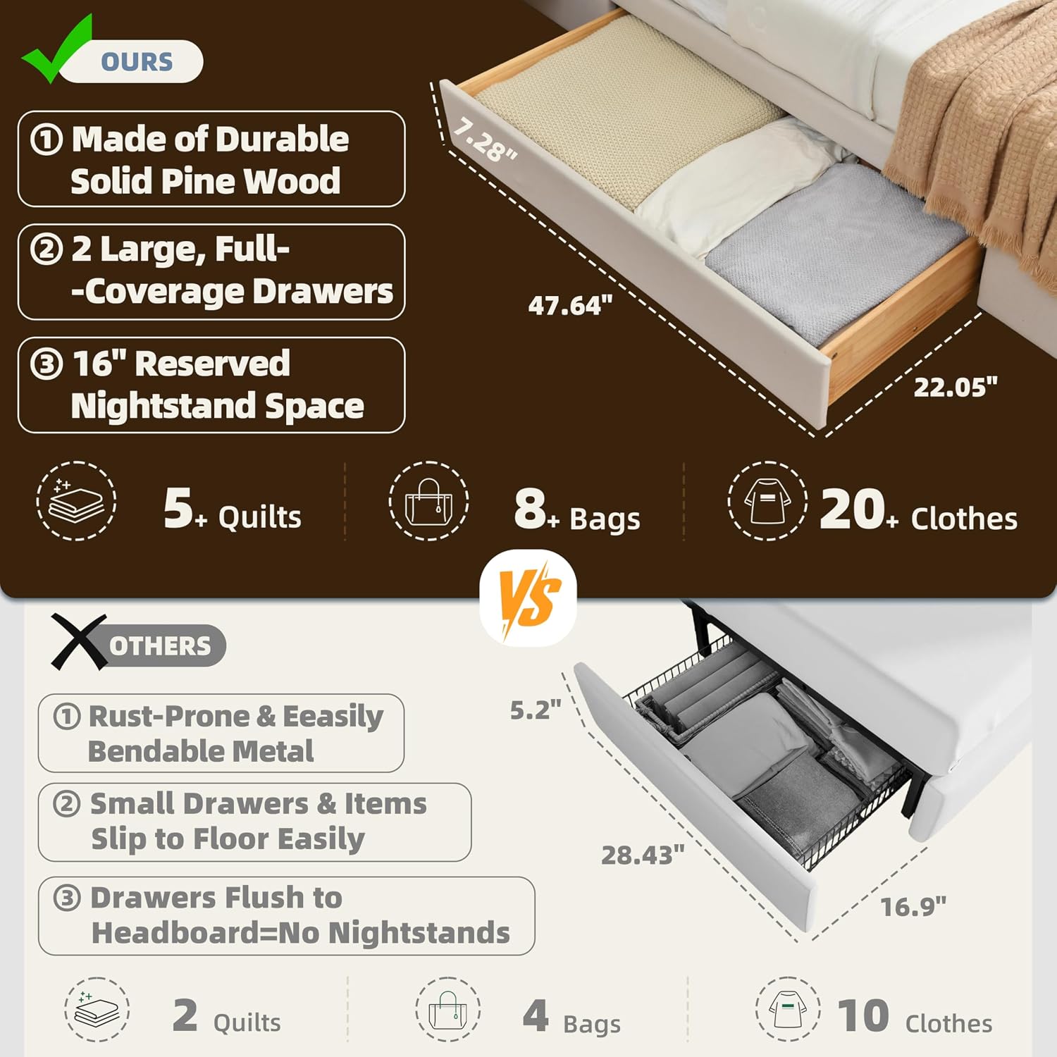 Queen Bed Frame with Storage & Built-in Nightstands, Velvet Upholstered Platform Bed Frame with Drawers & 2 Floating Storage Shelves, Noise-Free, No Box Spring Needed, Easy Assembly, Beige
