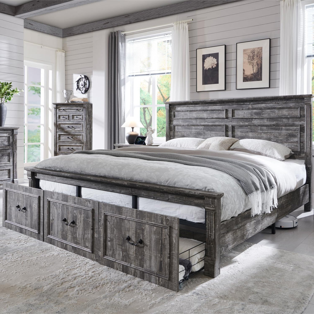 Aitjunz Farmhouse King Size Bed Frame with 51' Tall Headboard, Wood Platform Bed Frame with 20' Tall Roman Column Decoration Footboard & 3 Large Storage Drawers, No Box Spring Needed (Light Grey)