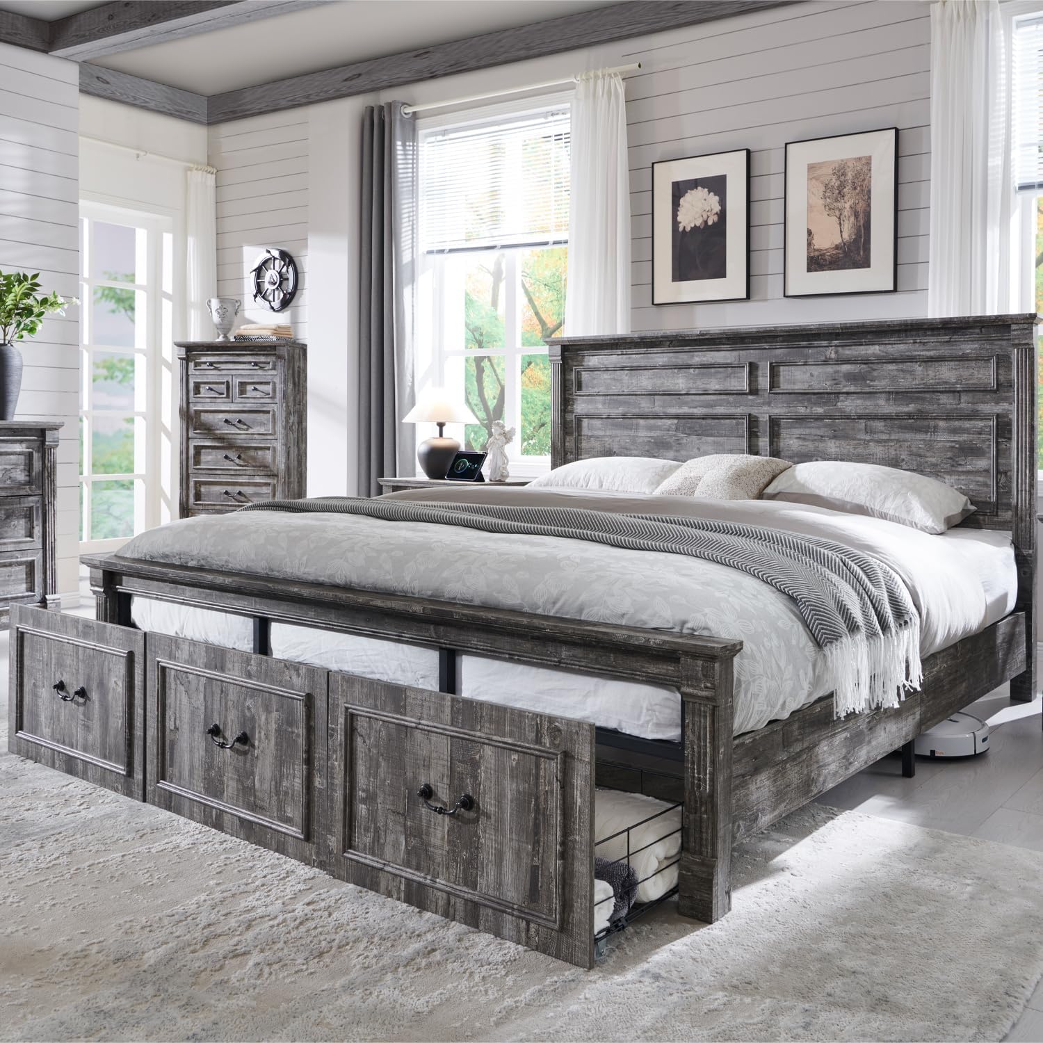 Aitjunz Farmhouse King Size Bed Frame with 51' Tall Headboard, Wood Platform Bed Frame with 20' Tall Roman Column Decoration Footboard & 3 Large Storage Drawers, No Box Spring Needed (Light Grey)