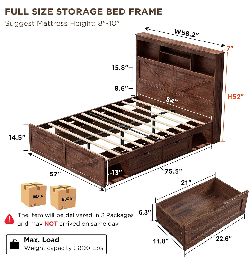 ACCOHOHO Farmhouse Full Size Bed Frame with 52' Tall Storage Headboard and LED Light,Wood Platform Bed Frame with 4 Drawers and Charging Station,Solid Wood Slats Support,No Box Spring Needed,Brown