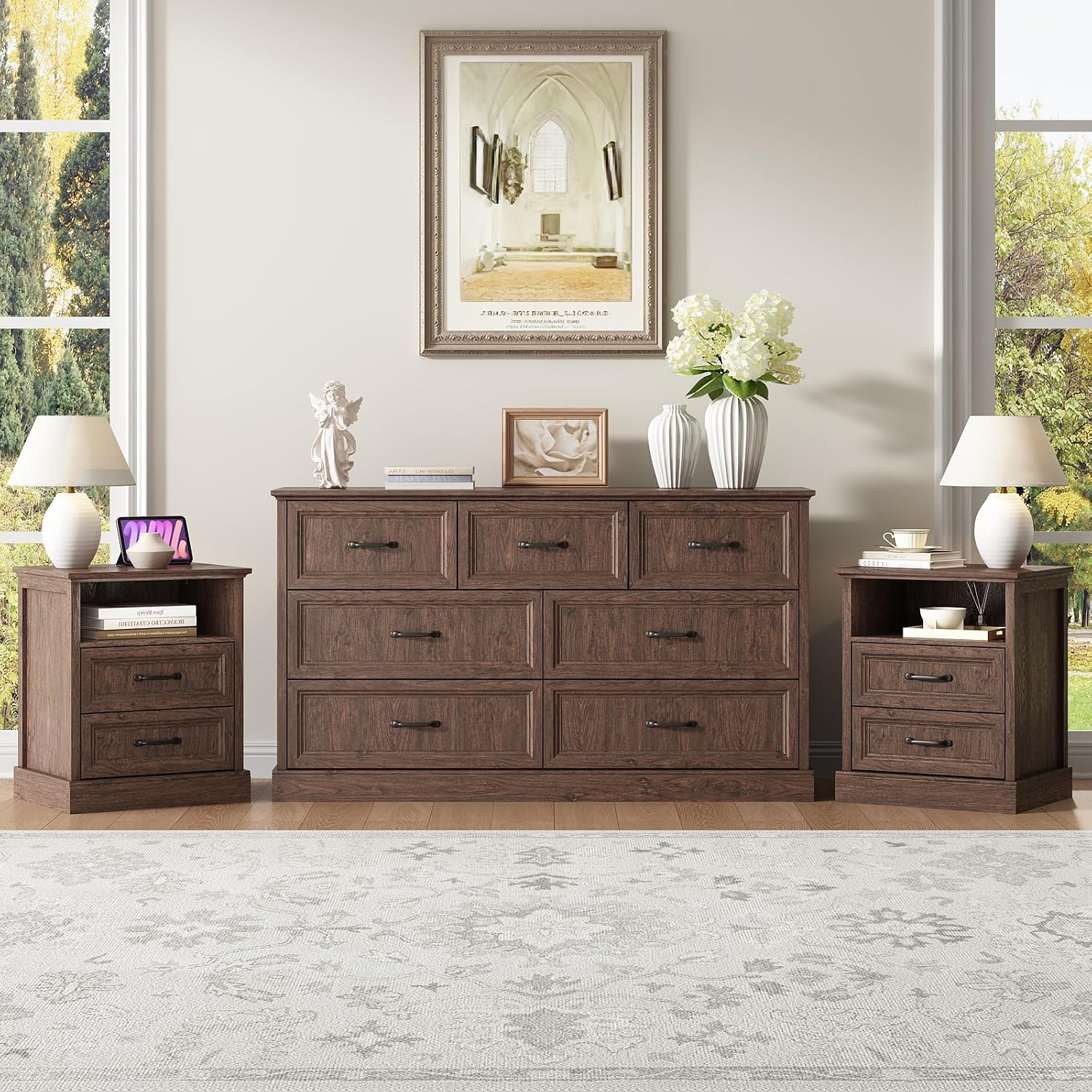 CARPETNAL Farmhouse Dresser and Nightstand Sets for Bedroom, 3 Pcs Bedroom Set, 7 Drawer Dresser & Nightstand Set of 2, Modern Wood Chest of Drawers for Bedroom, Living Room, Entryway, Brown