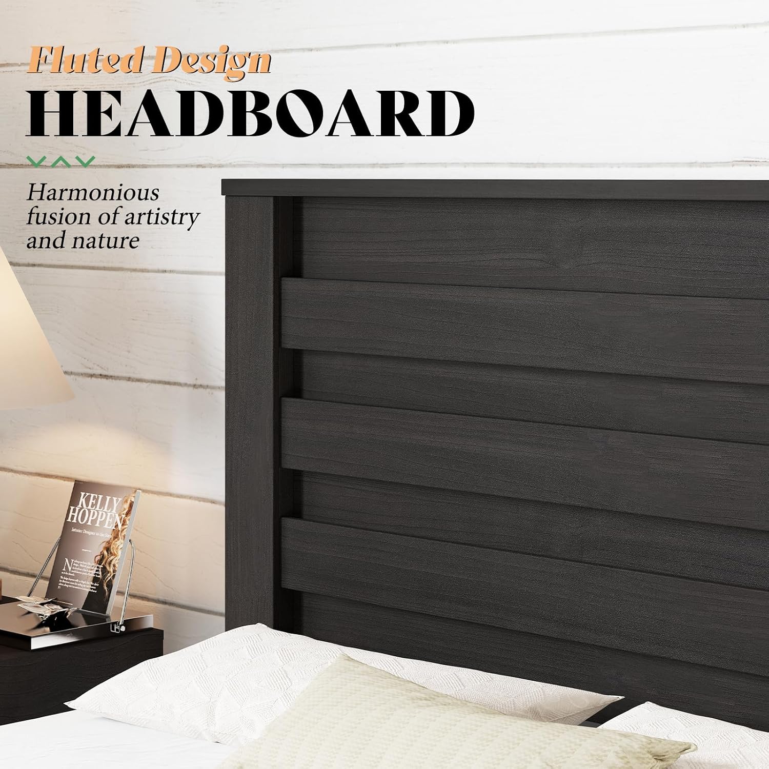 AMERLIFE Farmhouse Full Size Bed Frame with 49' Fluted Headboard, Wood Platform Bed with Natural Grain, No Box Spring Needed/Noise Free, Black