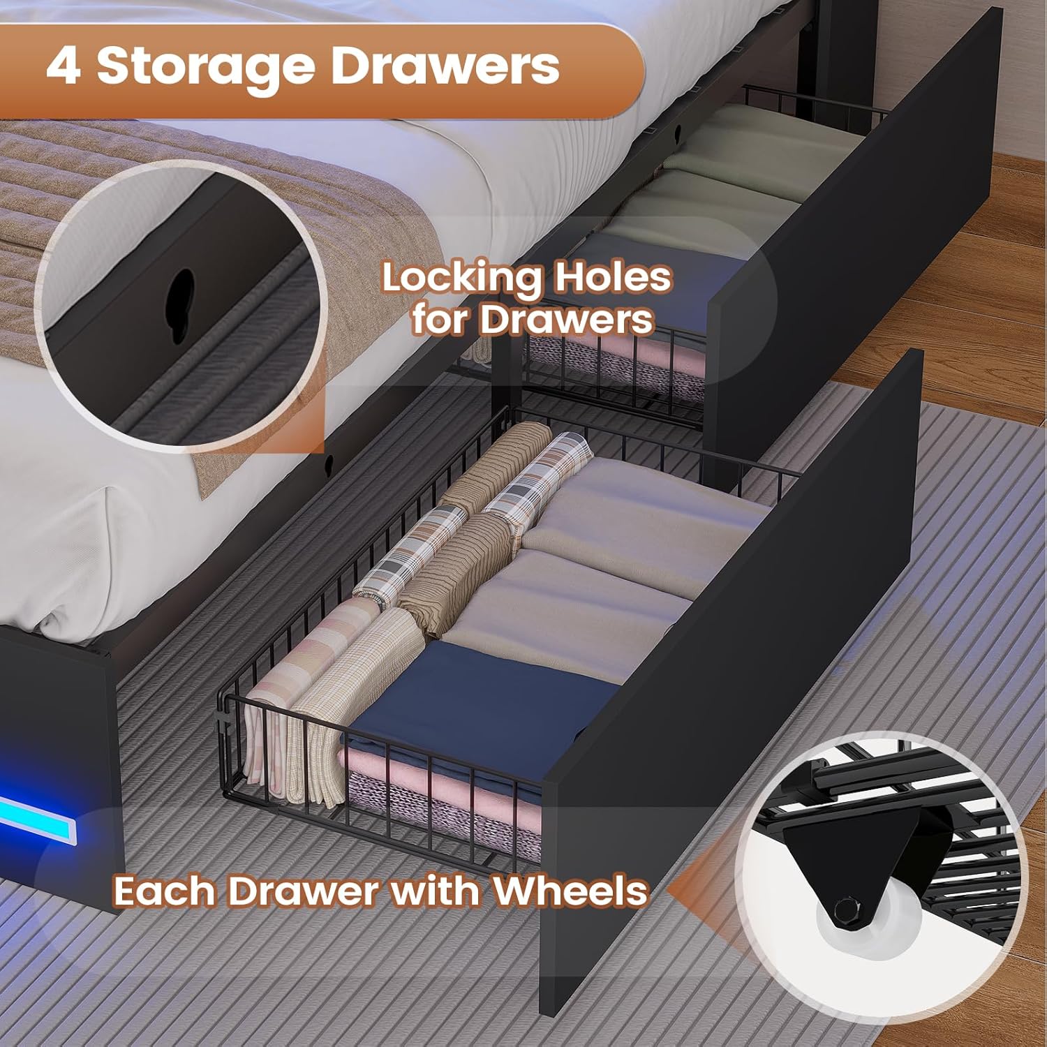 AOGLLATI Full Bed Frame with Stylish Bookcase Headboard & Charging Station & LED Lights,Full Size Bed Frame with 4 Storage Drawers and Metal Slats, No Box Spring Needed,Black