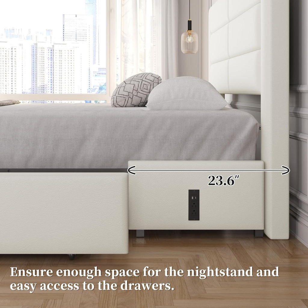 Yaheetech Queen Size Bed Frame with 2 USB Charging Station/Port for Type A&Type C/3 Storage Drawers, Leather Upholstered Platform Bed with Headboard/Solid Wood Slat Support/No Box Spring Needed/Beige