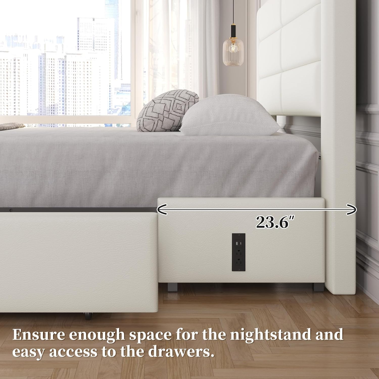 Yaheetech Queen Size Bed Frame with 2 USB Charging Station/Port for Type A&Type C/3 Storage Drawers, Leather Upholstered Platform Bed with Headboard/Solid Wood Slat Support/No Box Spring Needed/Beige