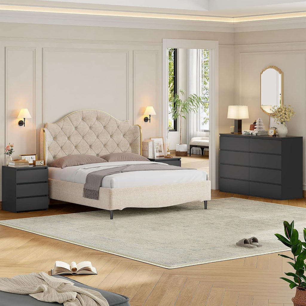 FOTOSOK Bedroom Set, White Dresser and Nightstand Sets for Bedroom, 3 Piece Bedroom Set, Night Stand Set of 2 & 4 Drawer Dresser Set, Chest of Drawers Storage Cabinet Set, Black