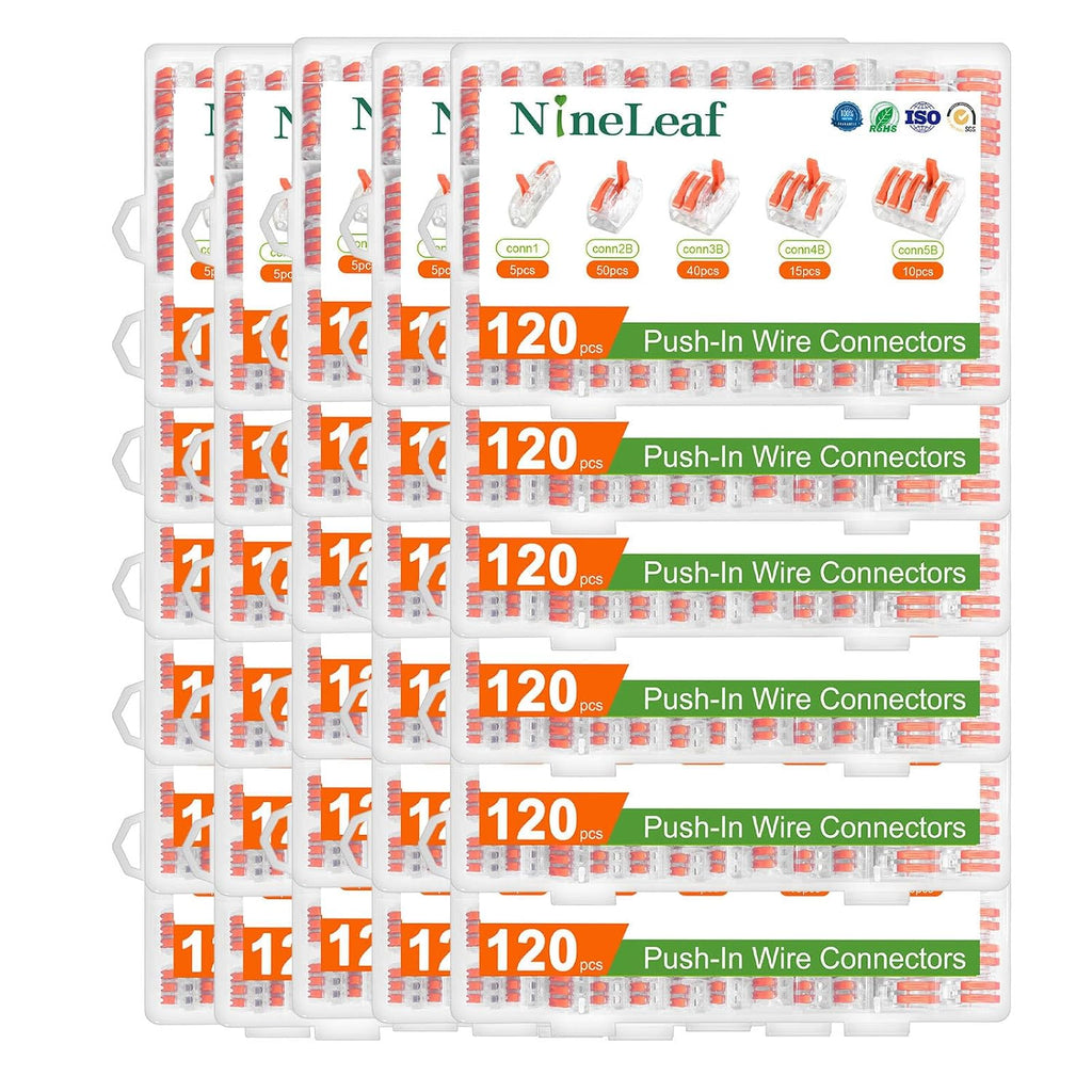 NineLeaf 120 Pcs Lever Wire Connectors Kit, 1/2/3/4/5 Port Combination, Push-in Electrical Wire Nuts AWG 28–12, Reusable Transparent Quick Connectors with Voltage Test Hole,30 Set