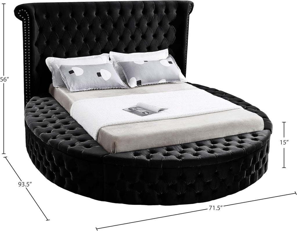 Meridian Furniture Luxus Collection Modern | Contemporary Round Shaped Velvet Upholstered Bed with Deep Button Tufting and Footboard Storage, Twin, Black