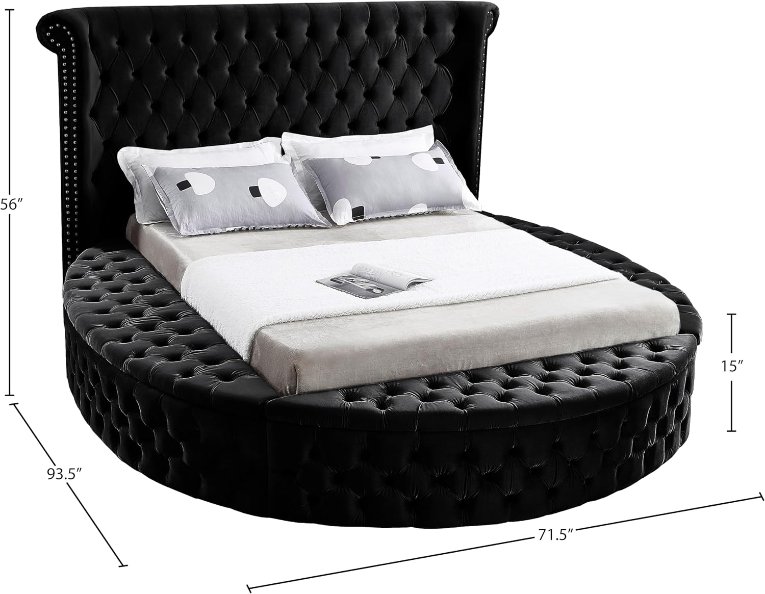 Meridian Furniture Luxus Collection Modern | Contemporary Round Shaped Velvet Upholstered Bed with Deep Button Tufting and Footboard Storage, Twin, Black