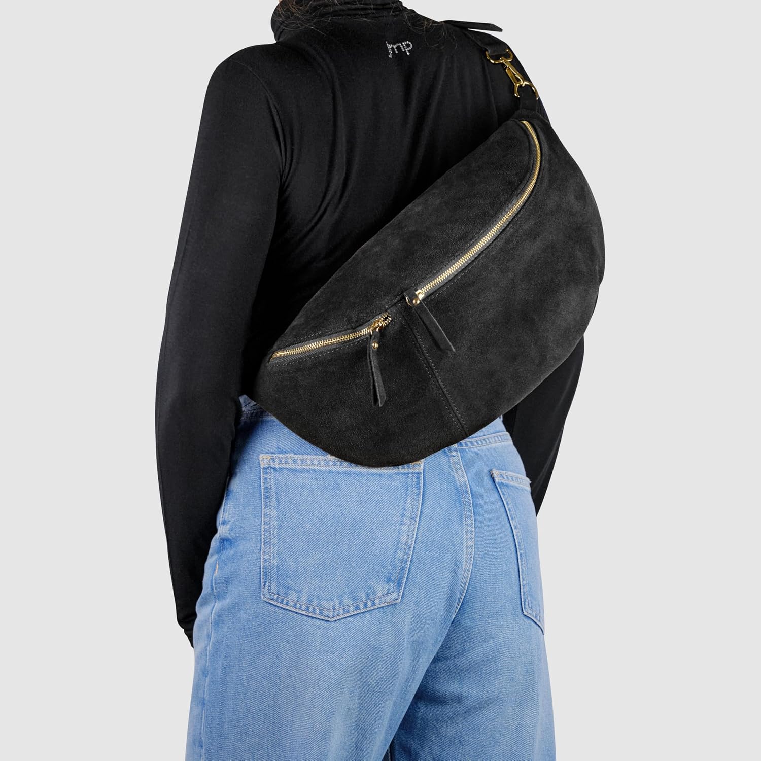 Italian Genuine Suede Crossbody Bag for Women with Zipper & Detachable Strap | Large Travel Chest Sling Fanny Pack (Black)
