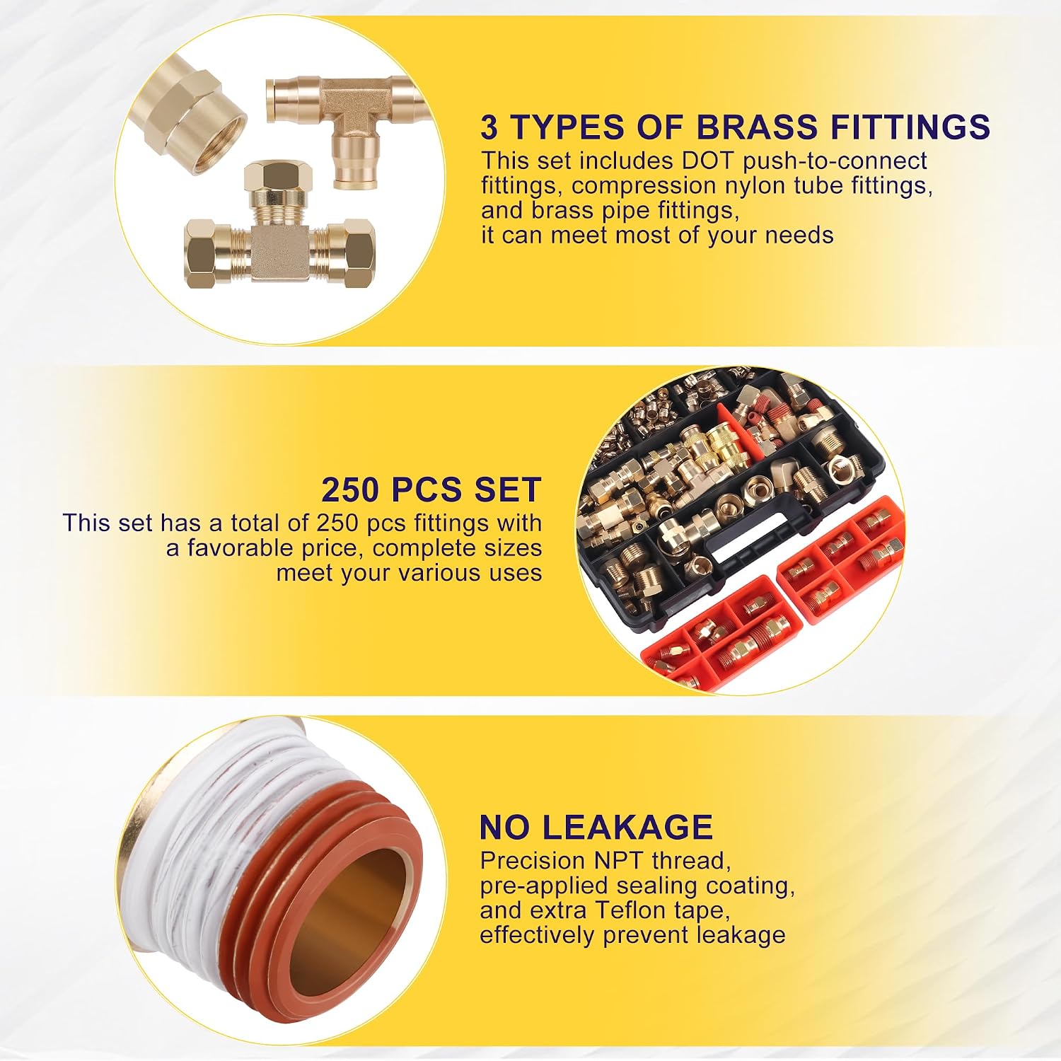250 Pcs Brass DOT Air Brake Line Fittings & Air Nylon Tube Compression Fittings Assortment Kits,1/4' 1/8' 3/8' 1/2' 5/8' 3/4' NPT Push To Connect Fittings Quick Connect Air Hose Fittings